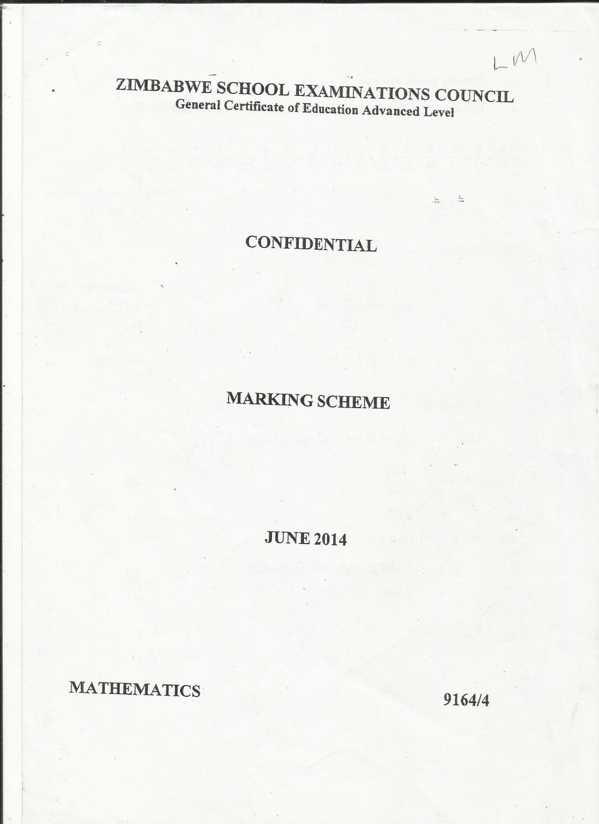 First page of ZIMSEC A-Level Mathematics Paper 4 June 2014 Marking Scheme