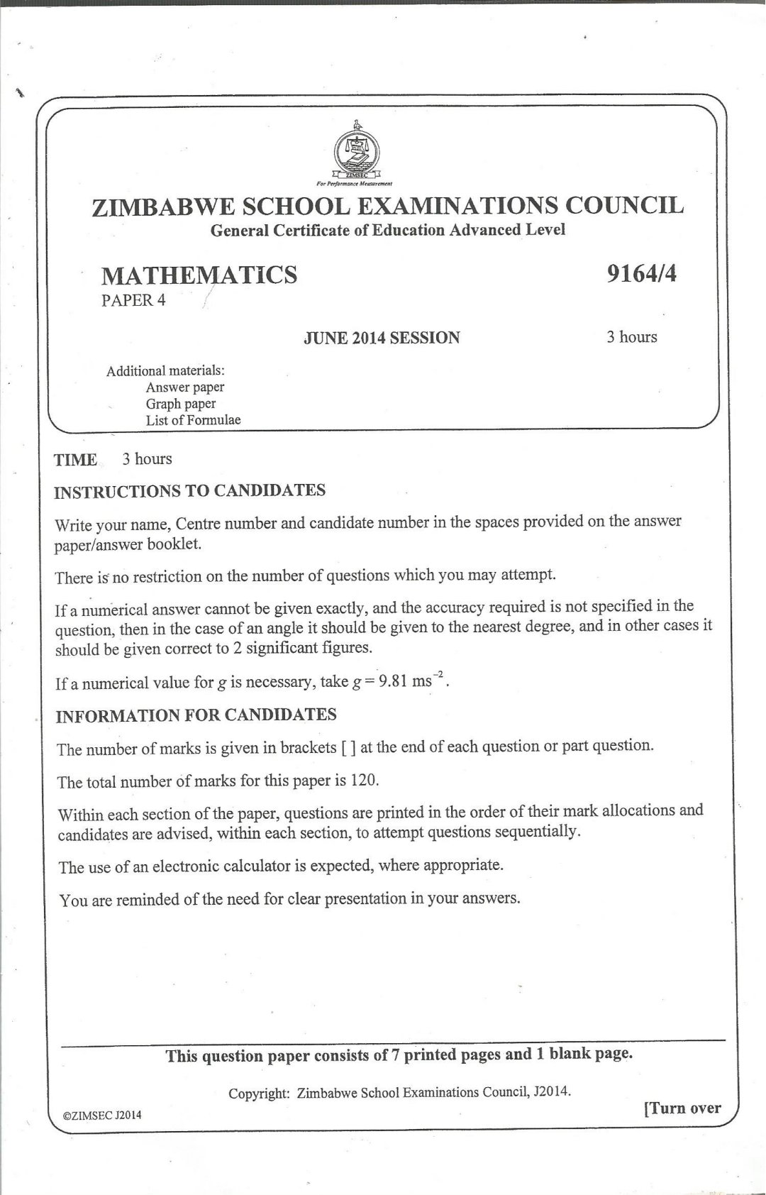 First page of ZIMSEC A-Level Mathematics Paper 4 June 2014 Question Paper