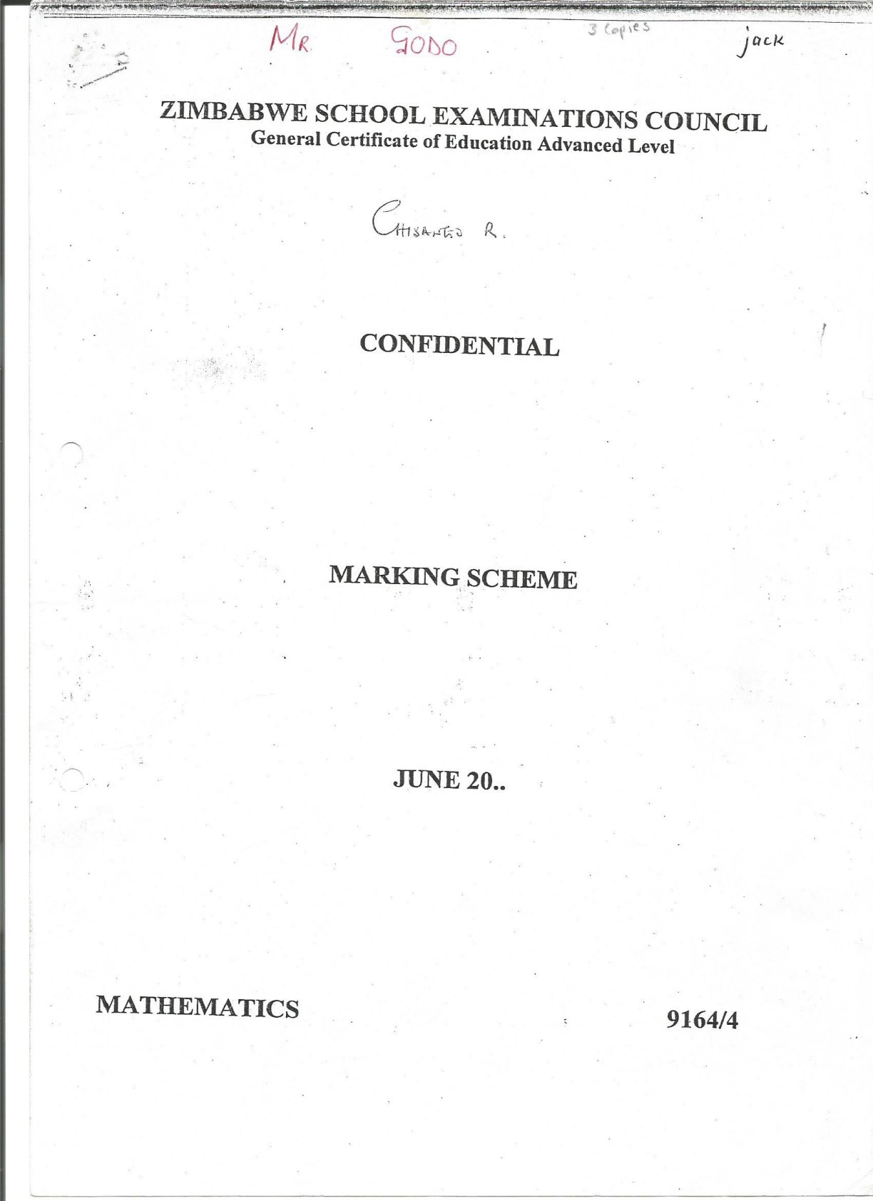 First page of ZIMSEC A-Level Mathematics Paper 4 June 2015 Marking Scheme