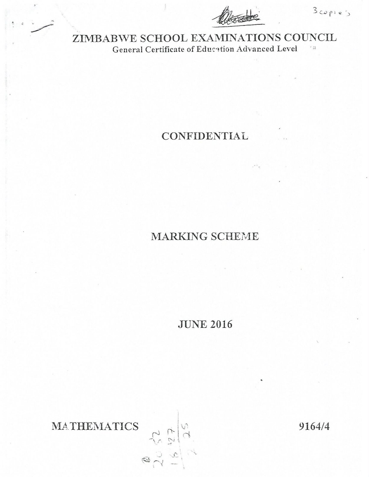 First page of ZIMSEC A-Level Mathematics Paper 4 June 2016 Marking Scheme