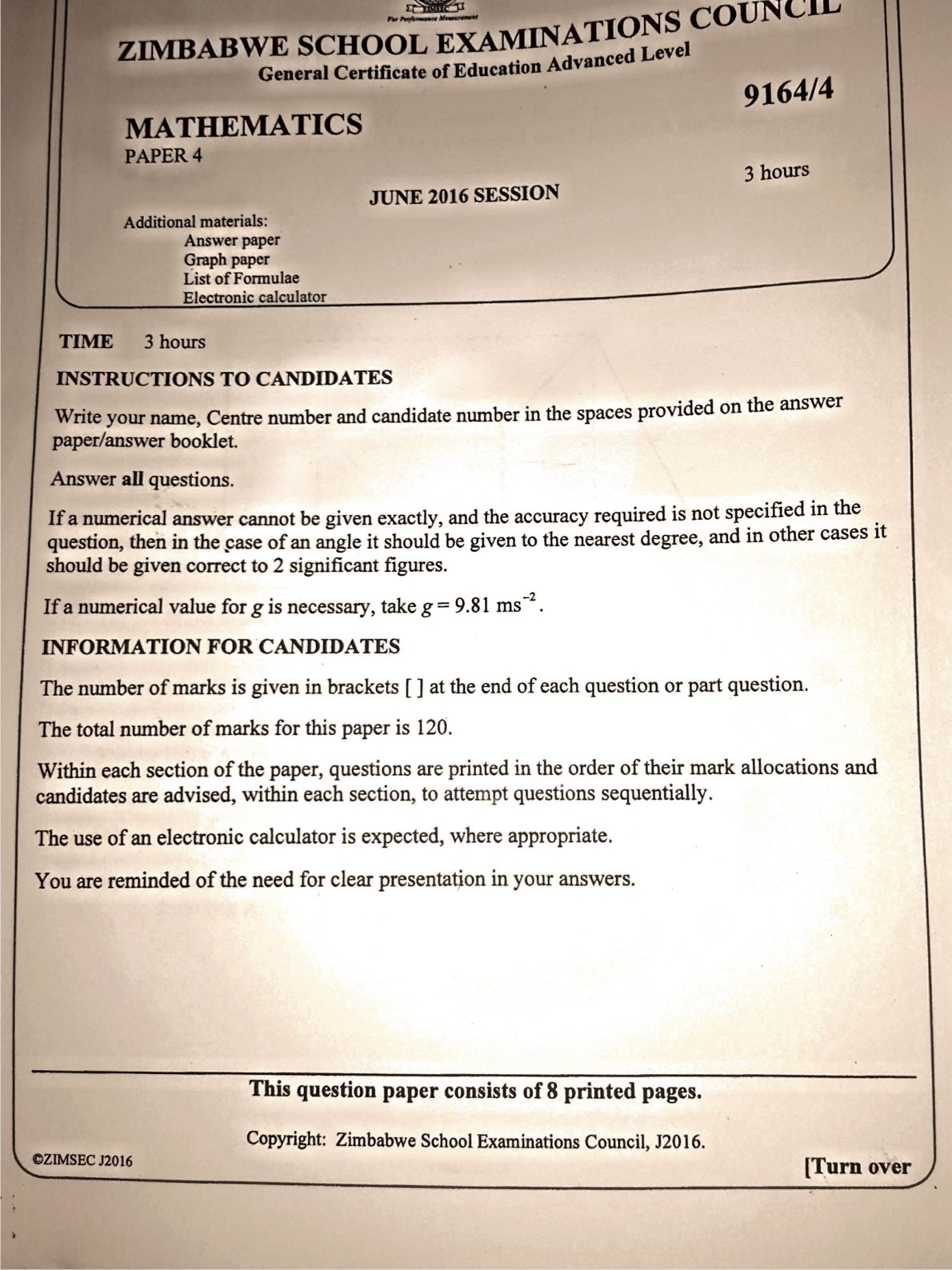 First page of ZIMSEC A-Level Mathematics Paper 4 June 2016 Question Paper