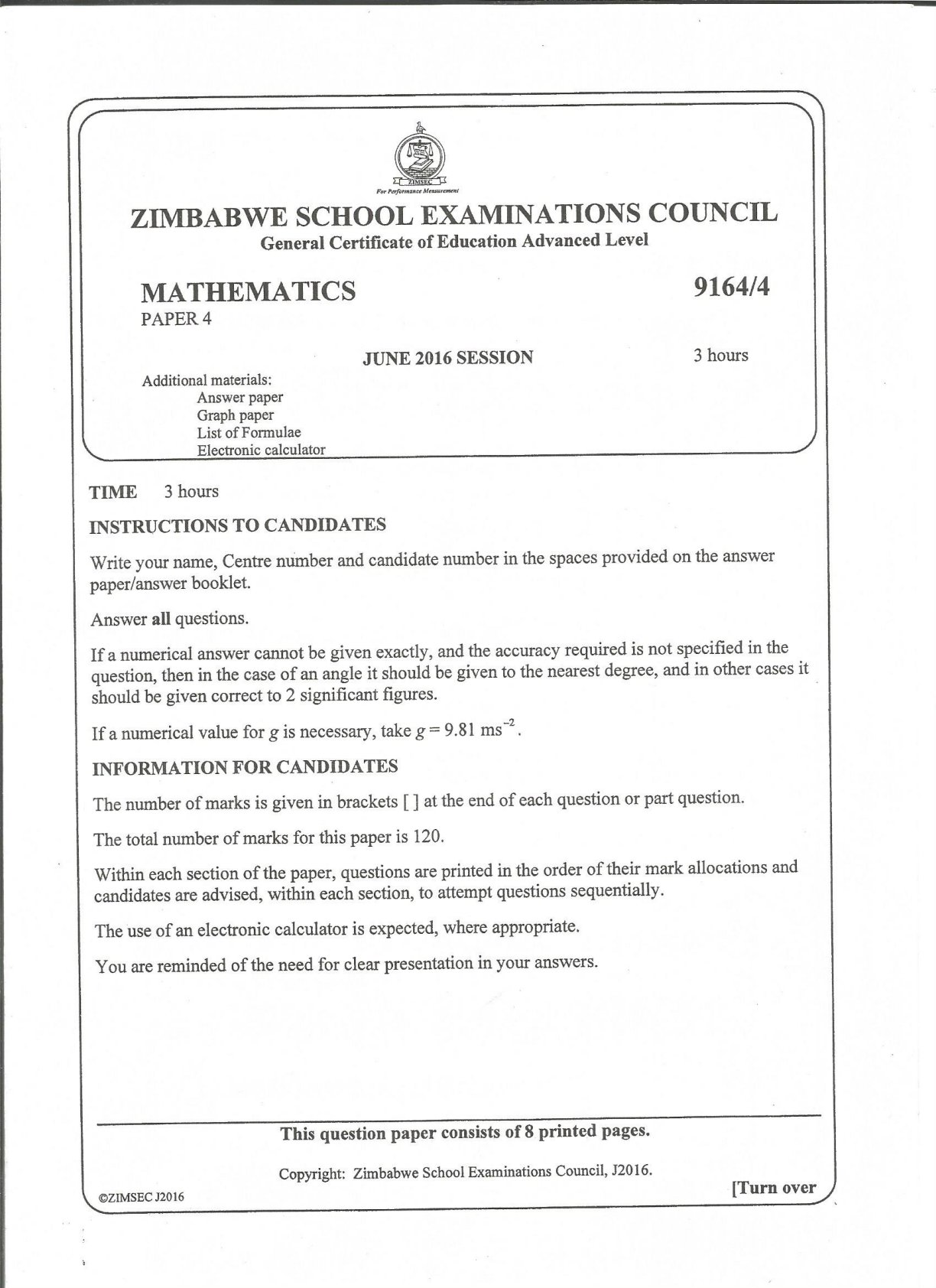 First page of ZIMSEC A-Level Mathematics Paper 4 June 2016 Question Paper