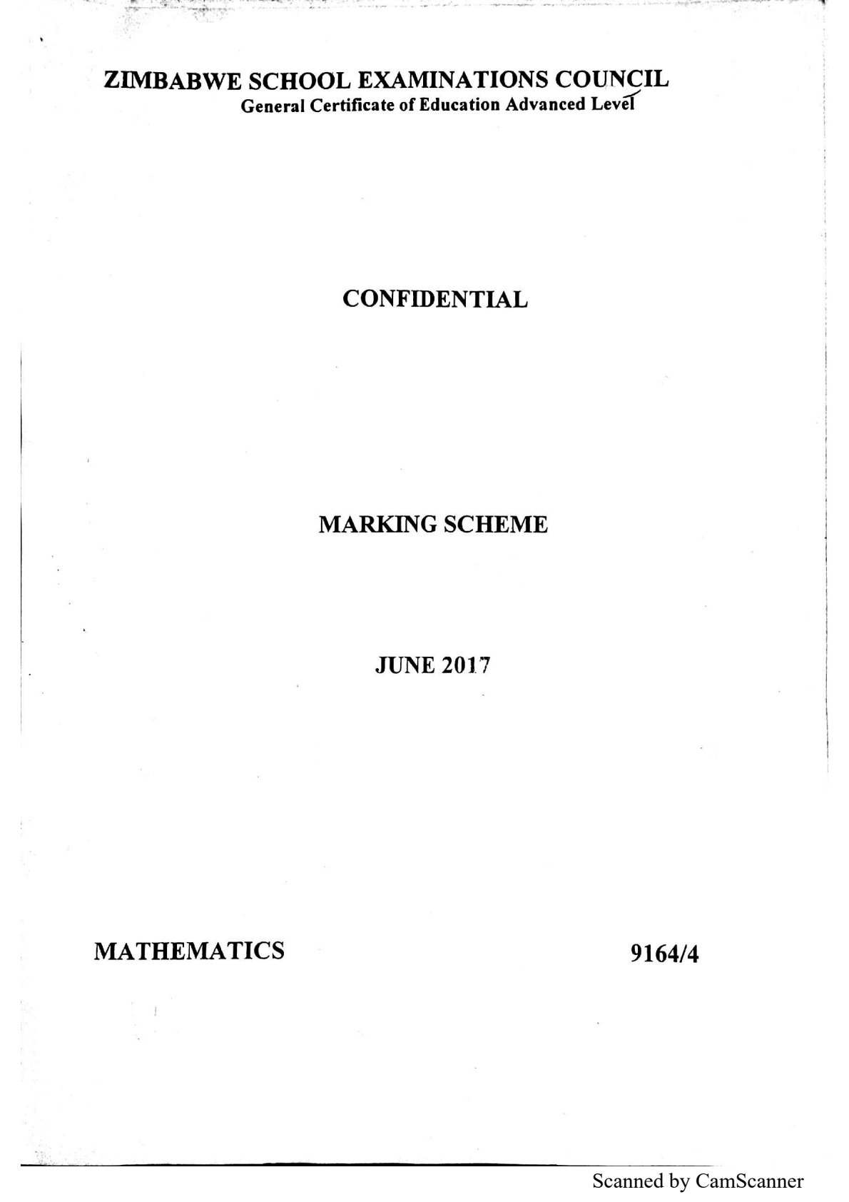 First page of ZIMSEC A-Level Mathematics Paper 4 June 2017 Marking Scheme