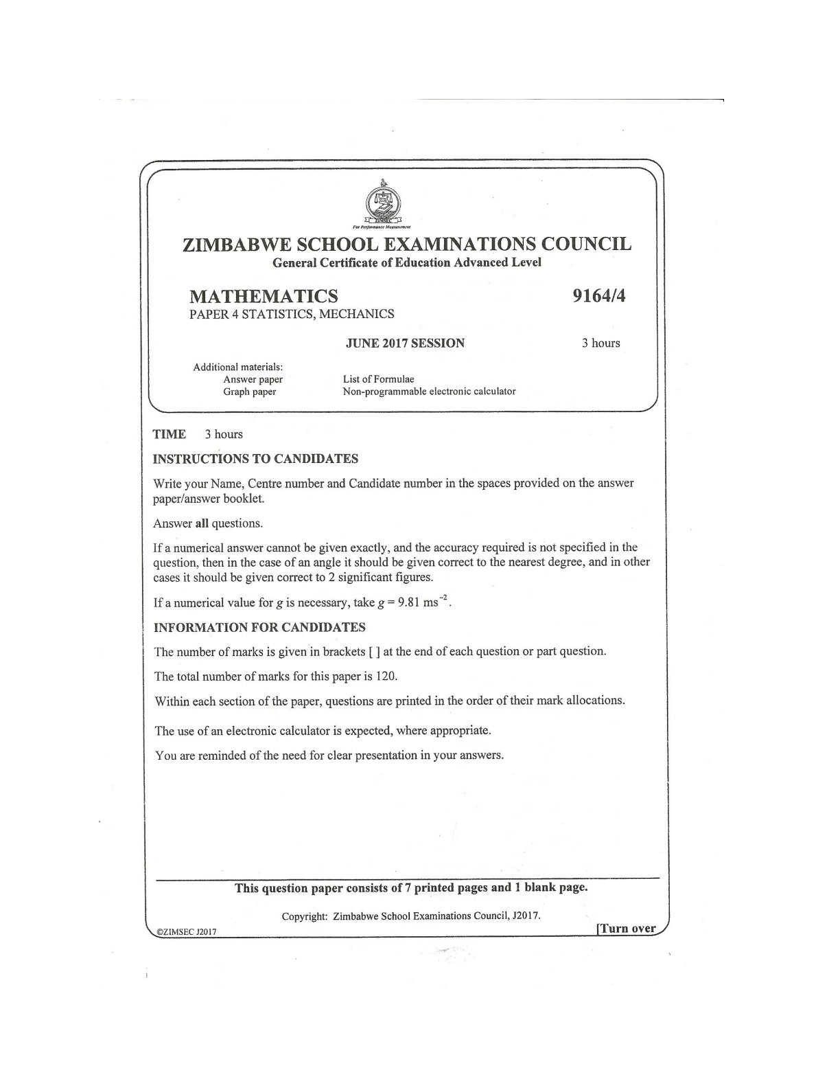 First page of ZIMSEC A-Level Mathematics Paper 4 June 2017 Question Paper