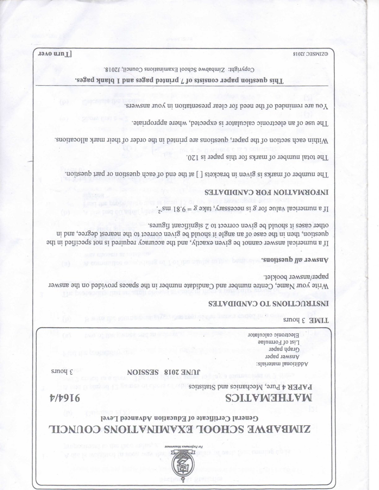 First page of ZIMSEC A-Level Mathematics Paper 4 June 2018 Question Paper