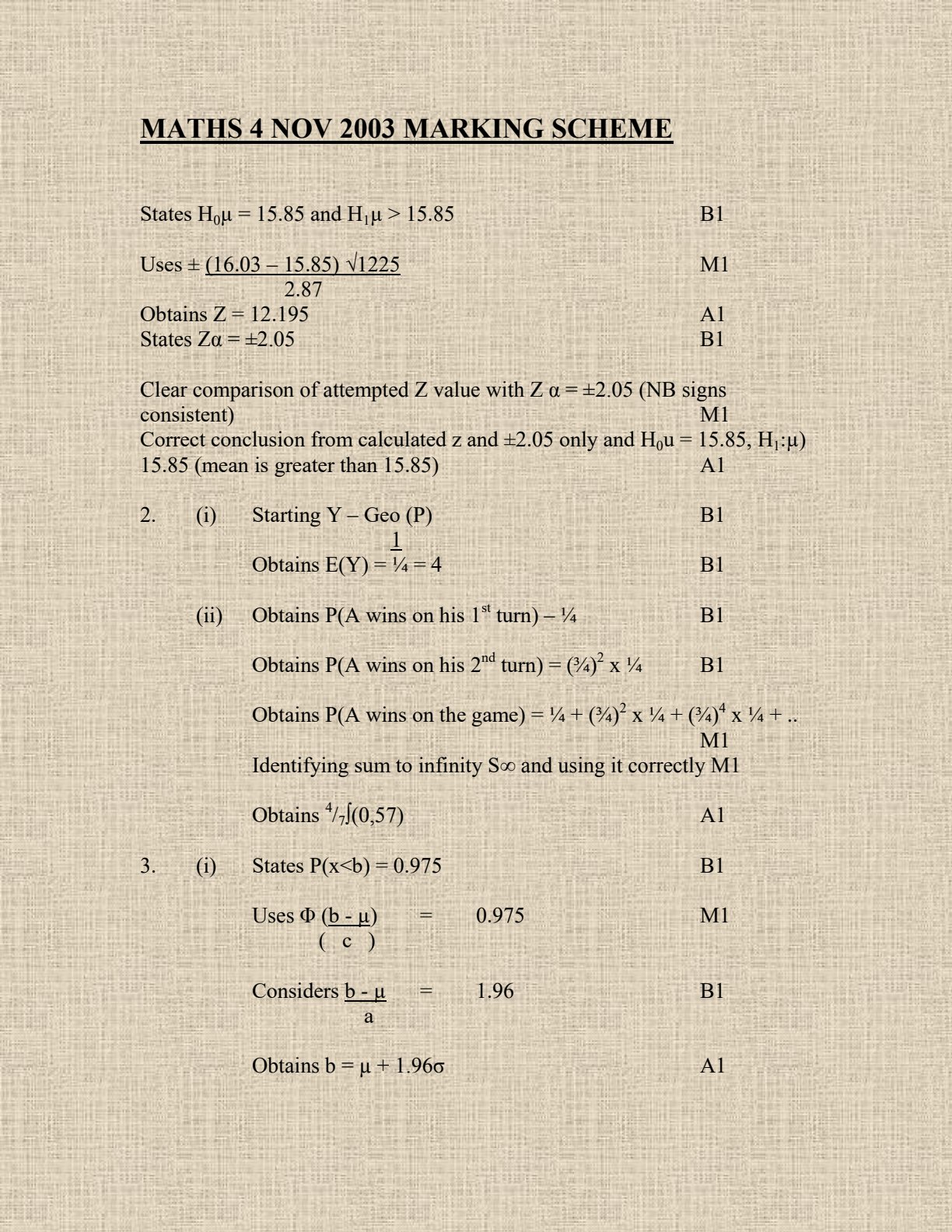 First page of ZIMSEC A-Level Mathematics Paper 4 November 2003 Marking Scheme