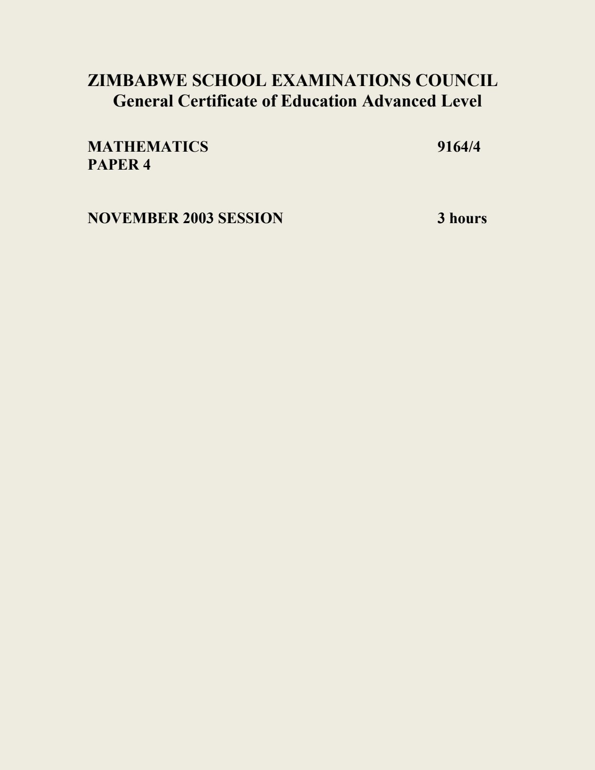 First page of ZIMSEC A-Level Mathematics Paper 4 November 2003 Question Paper