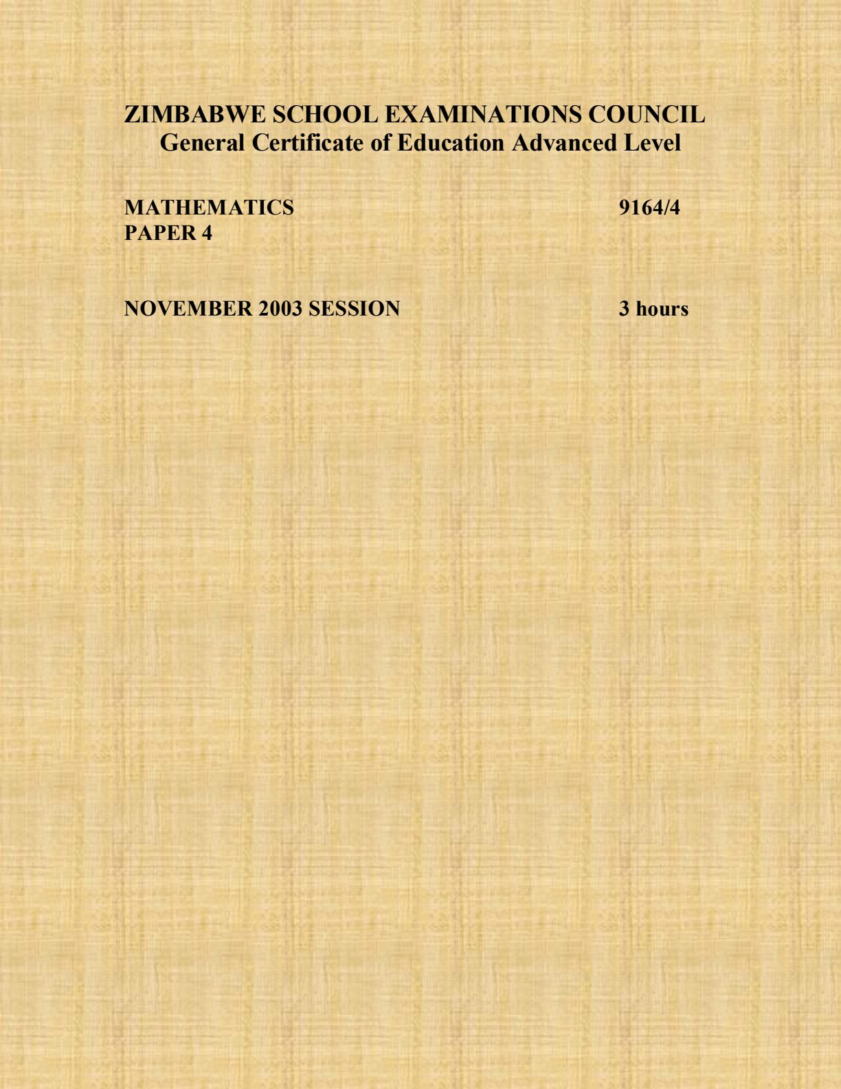First page of ZIMSEC A-Level Mathematics Paper 4 November 2003 Question Paper