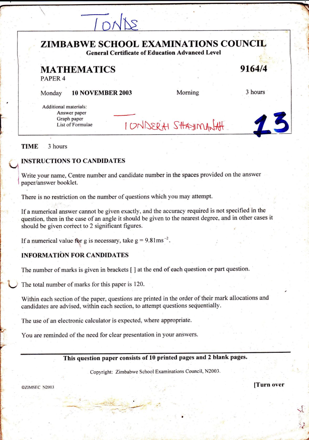 First page of ZIMSEC A-Level Mathematics Paper 4 November 2003 Question Paper