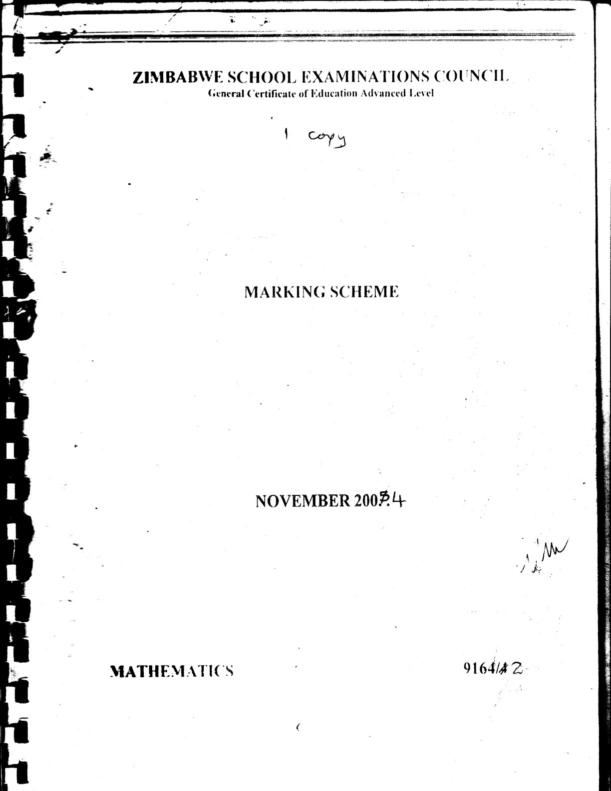 First page of ZIMSEC A-Level Mathematics Paper 4 November 2004 Marking Scheme