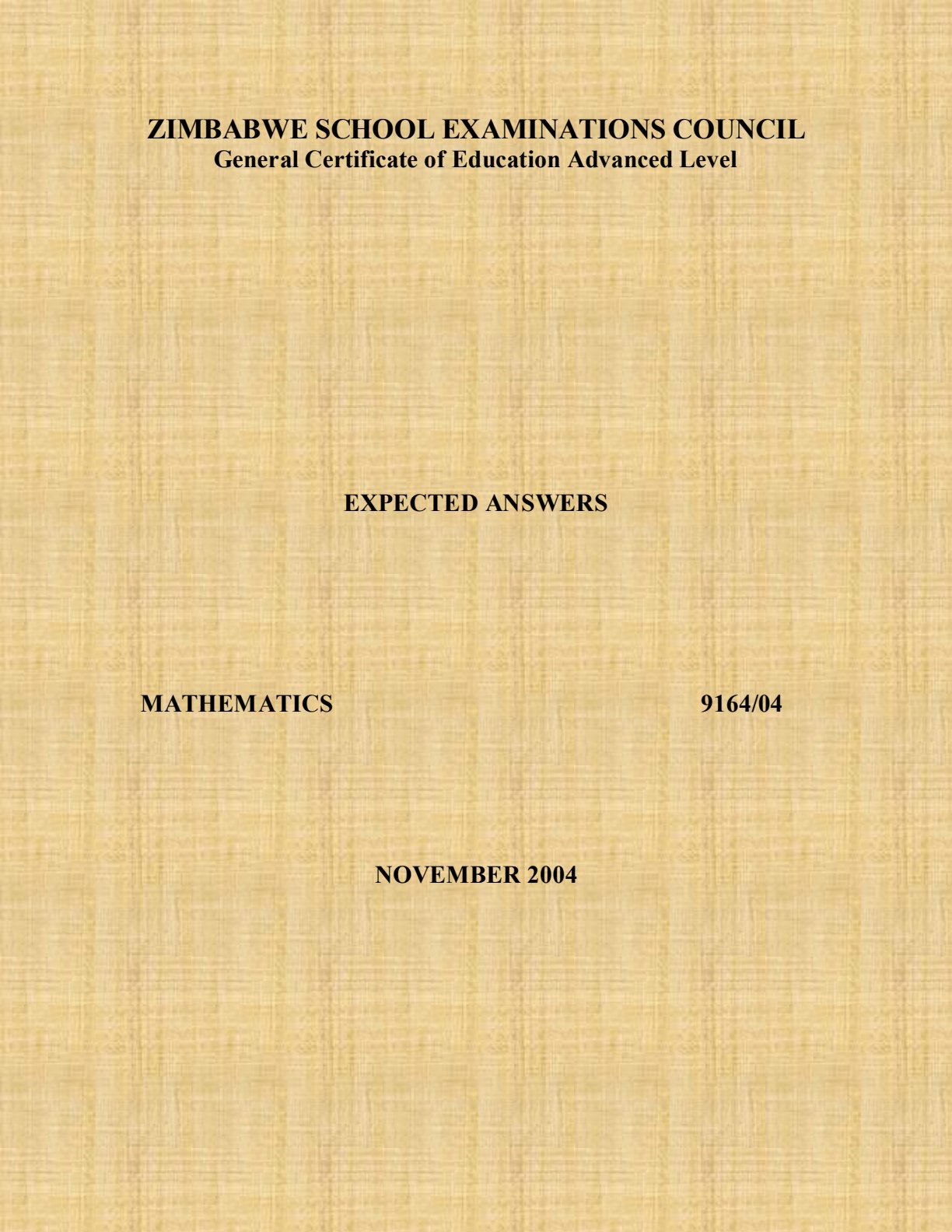 First page of ZIMSEC A-Level Mathematics Paper 4 November 2004 Marking Scheme
