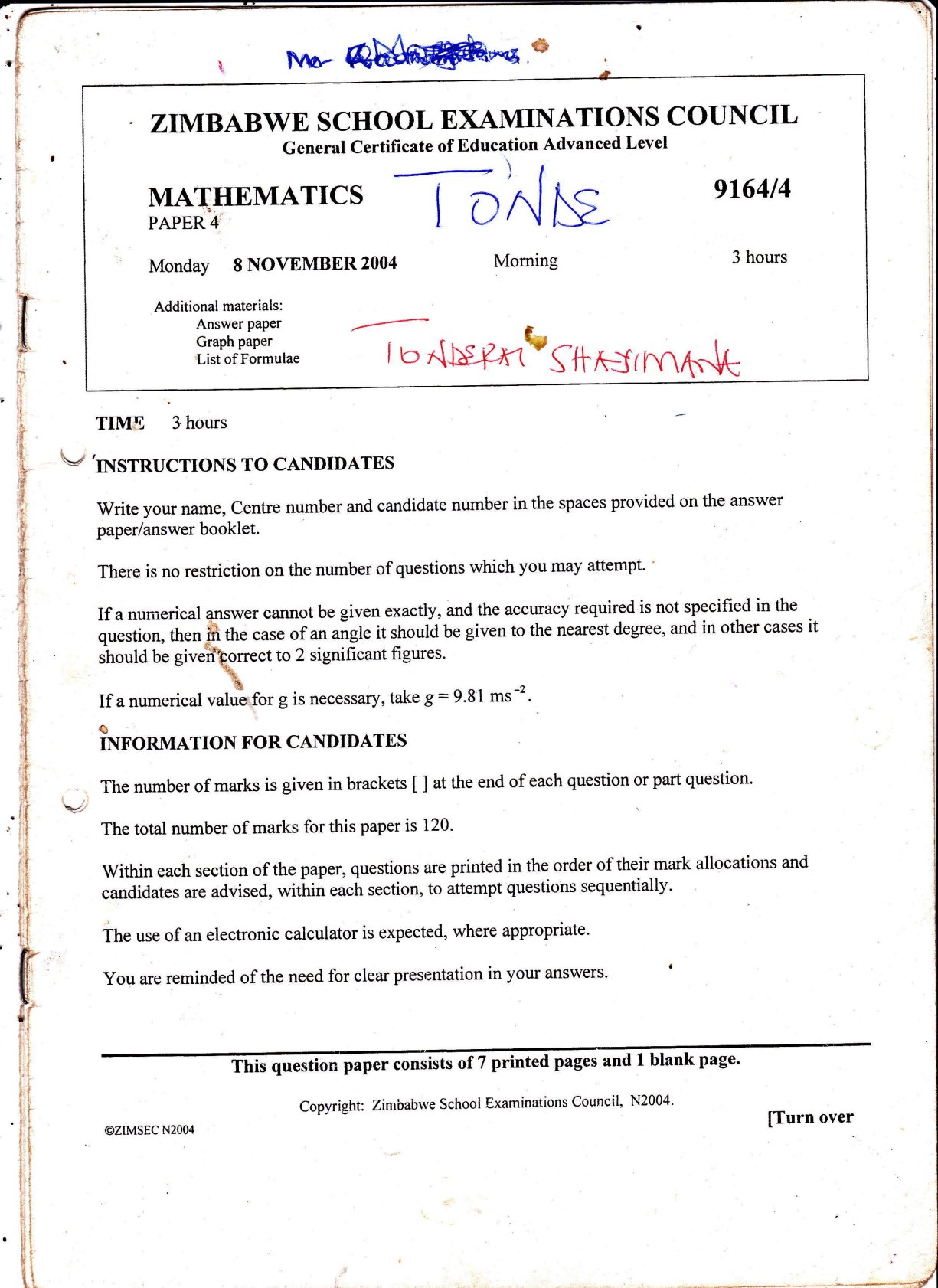 First page of ZIMSEC A-Level Mathematics Paper 4 November 2004 Question Paper