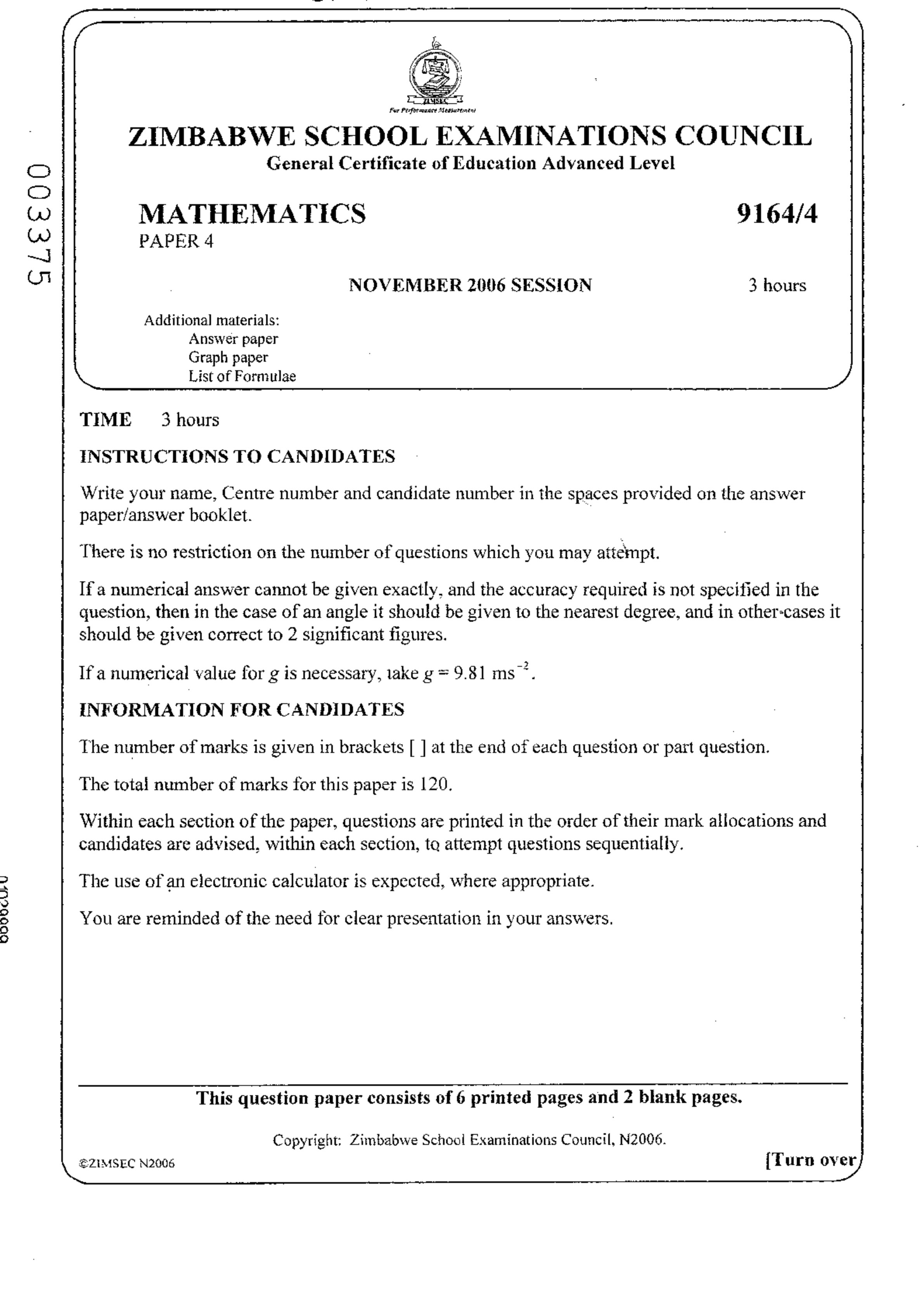 First page of ZIMSEC A-Level Mathematics Paper 4 November 2006 Question Paper