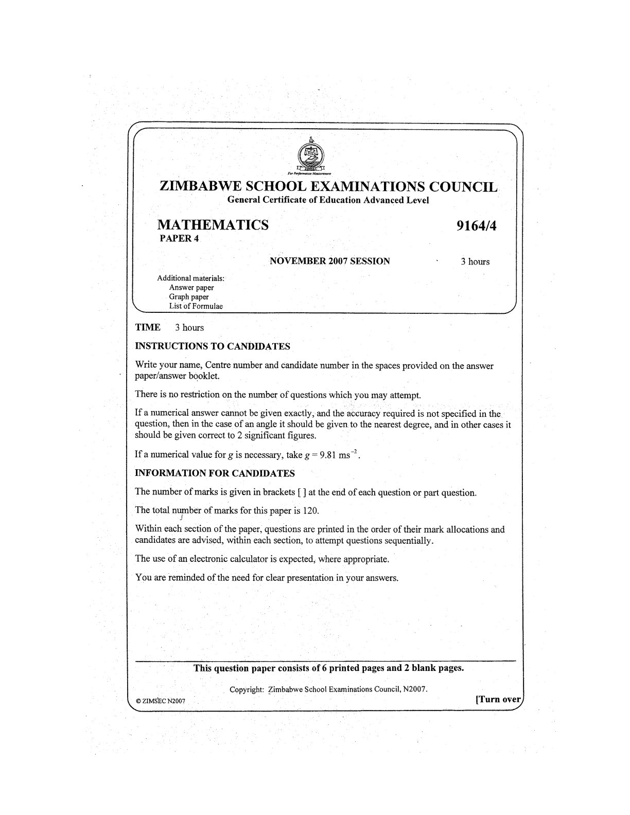 First page of ZIMSEC A-Level Mathematics Paper 4 November 2007 Question Paper