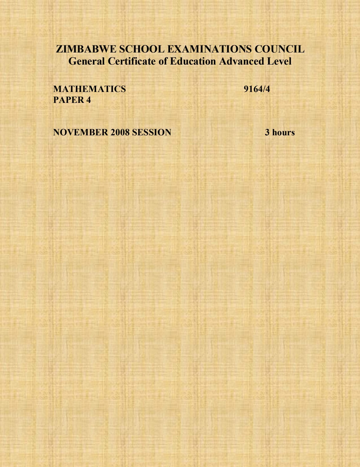 First page of ZIMSEC A-Level Mathematics Paper 4 November 2008 Question Paper