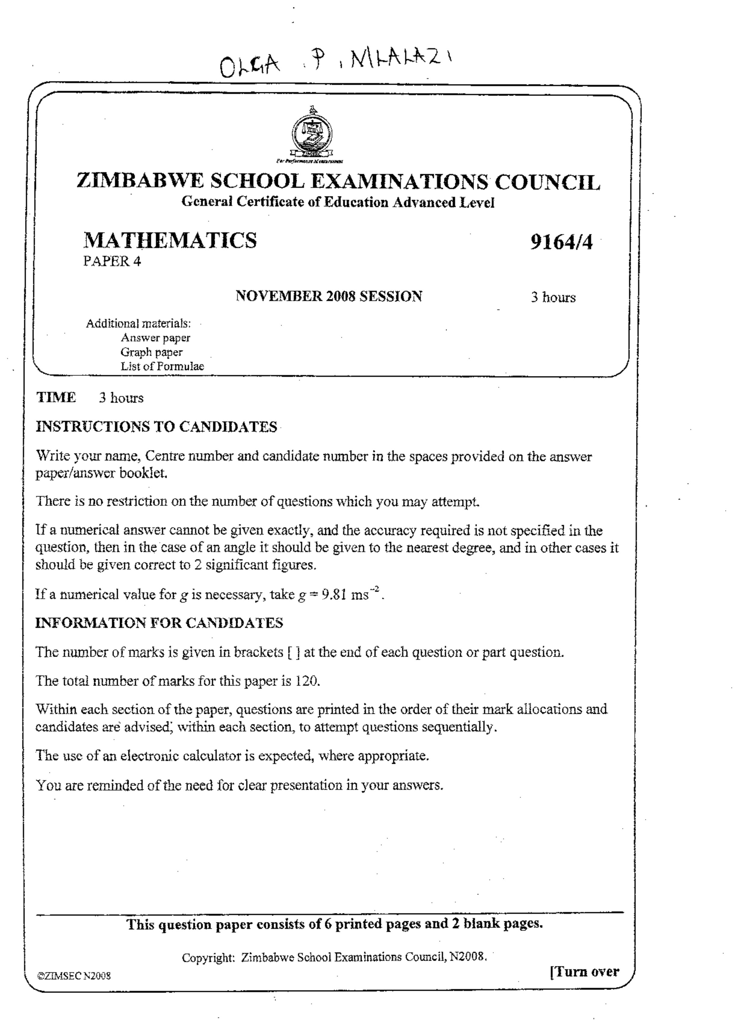 First page of ZIMSEC A-Level Mathematics Paper 4 November 2008 Question Paper