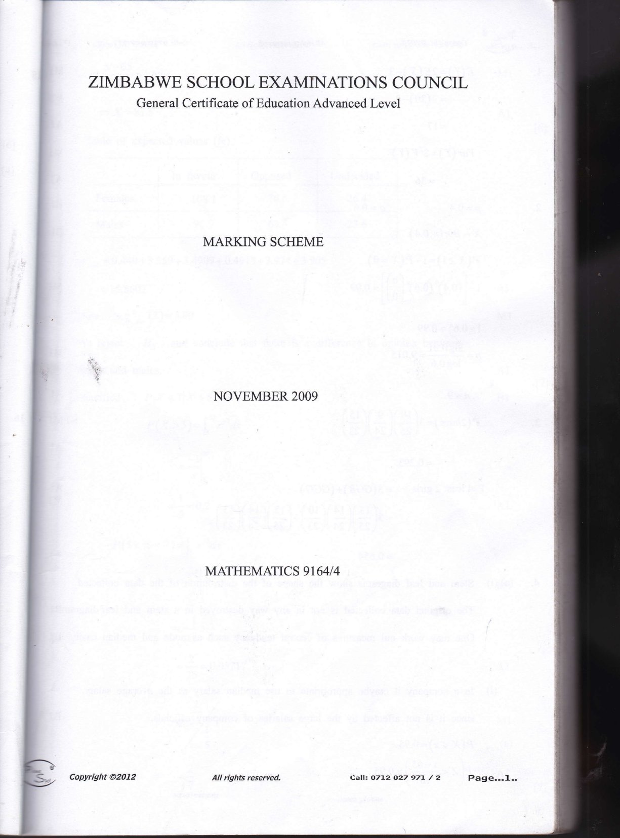 First page of ZIMSEC A-Level Mathematics Paper 4 November 2009 Marking Scheme
