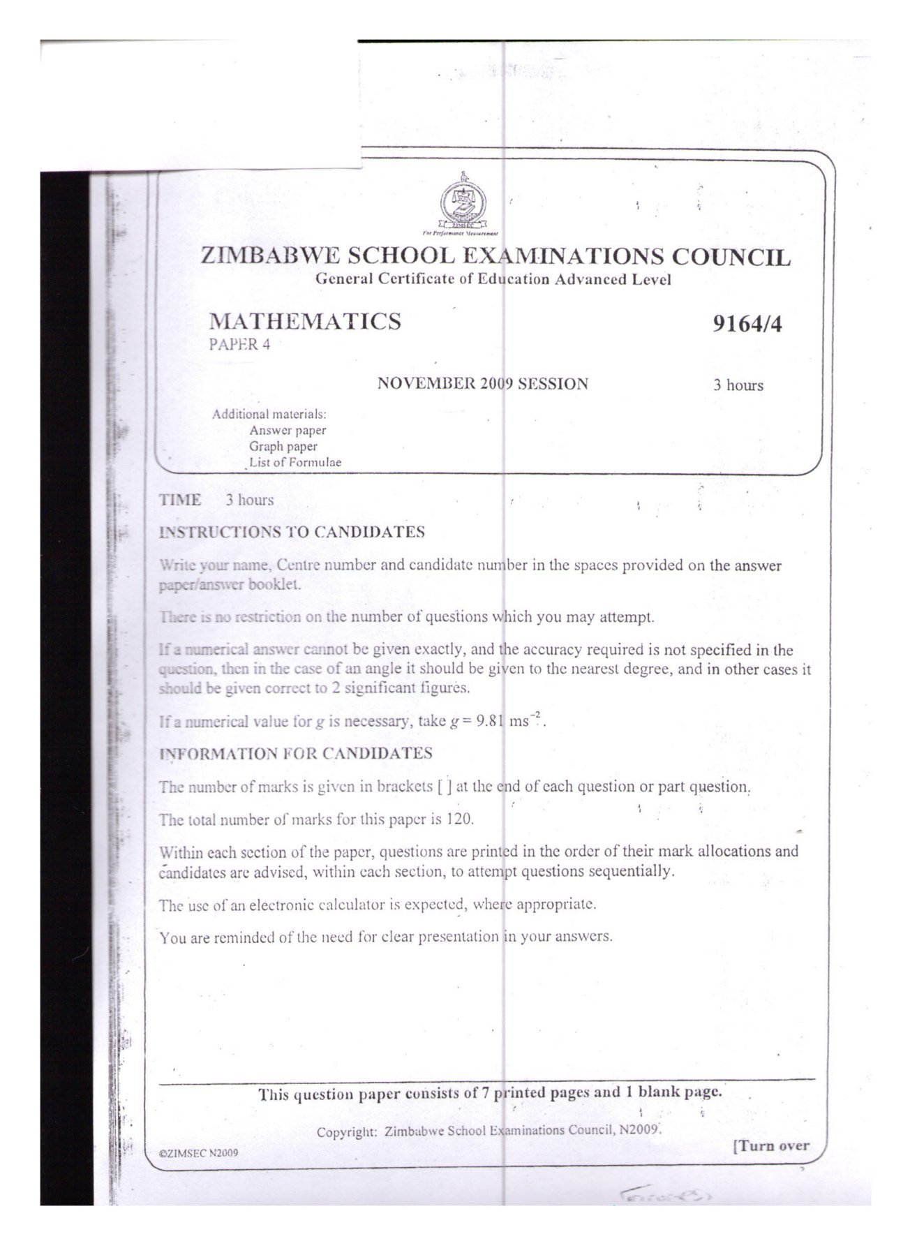 First page of ZIMSEC A-Level Mathematics Paper 4 November 2009 Question Paper