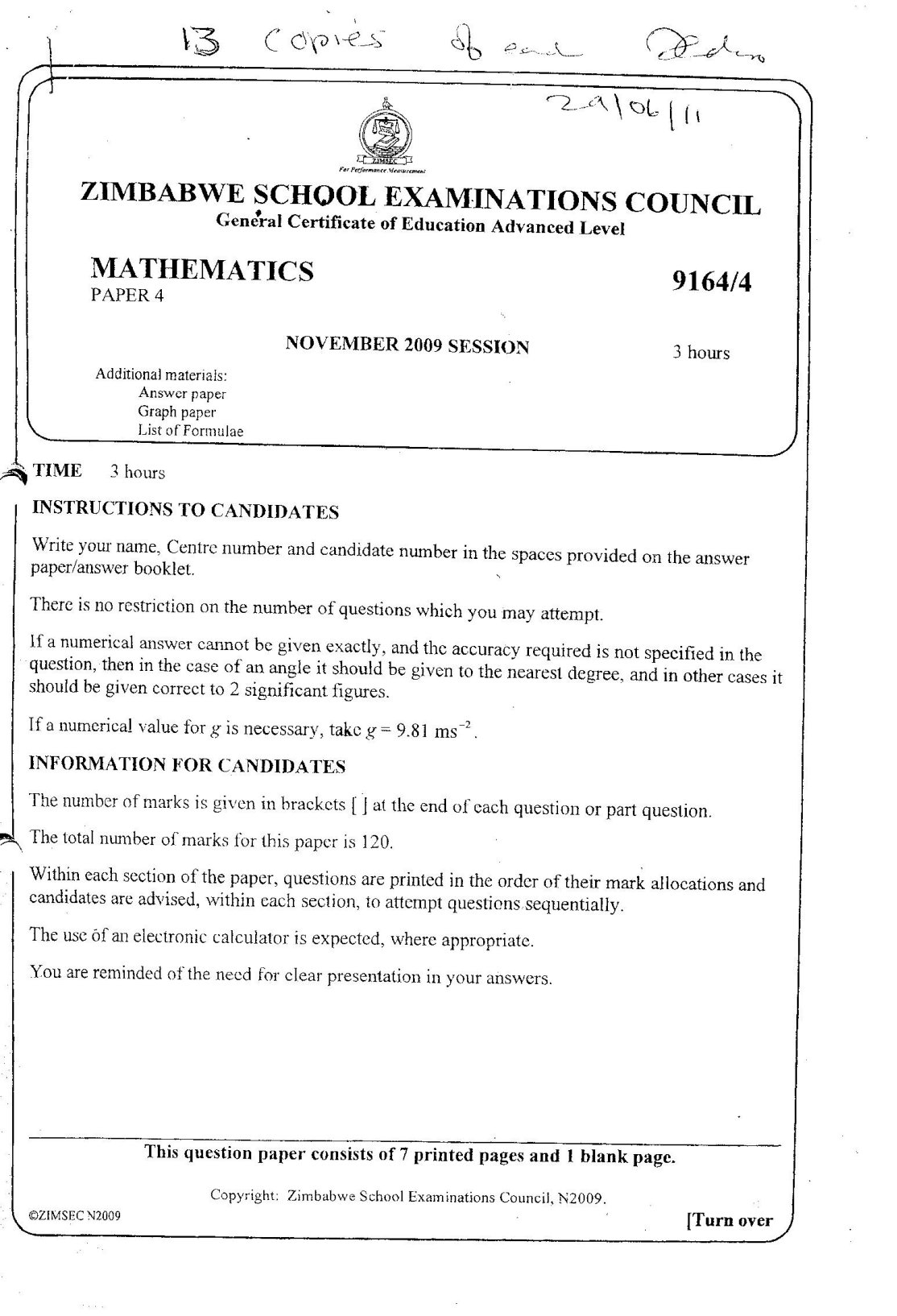 First page of ZIMSEC A-Level Mathematics Paper 4 November 2009 Question Paper