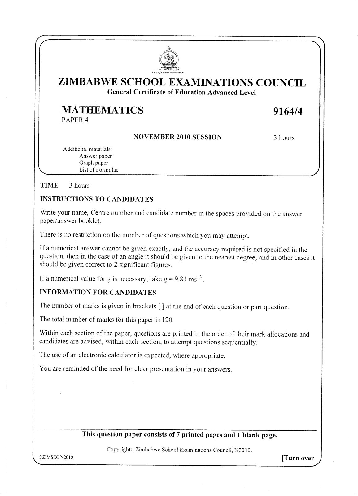 First page of ZIMSEC A-Level Mathematics Paper 4 November 2010 Question Paper