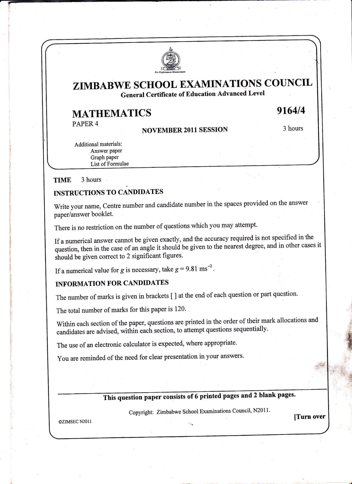 First page of ZIMSEC A-Level Mathematics Paper 4 November 2011 Question Paper