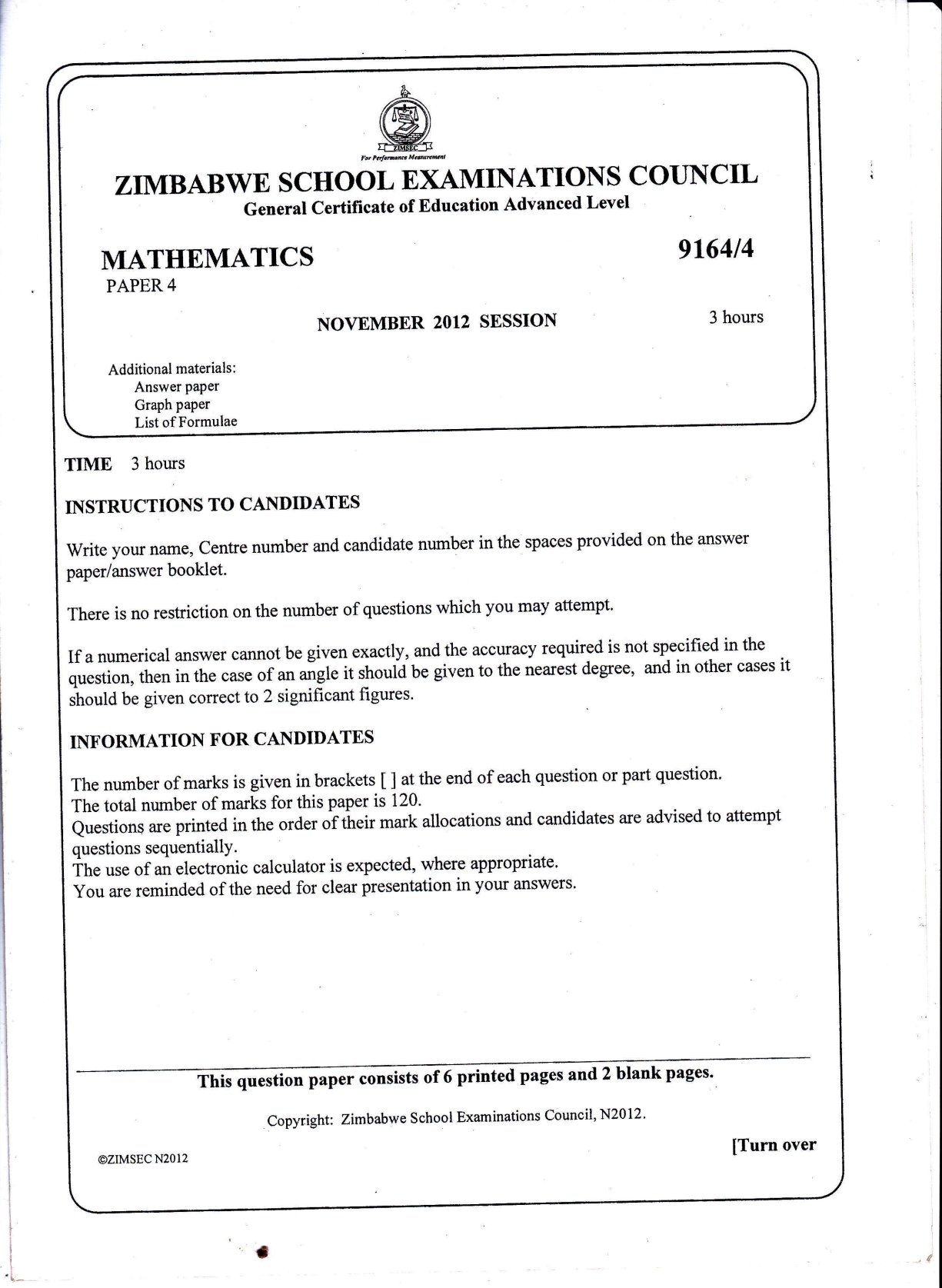 First page of ZIMSEC A-Level Mathematics Paper 4 November 2012 Question Paper