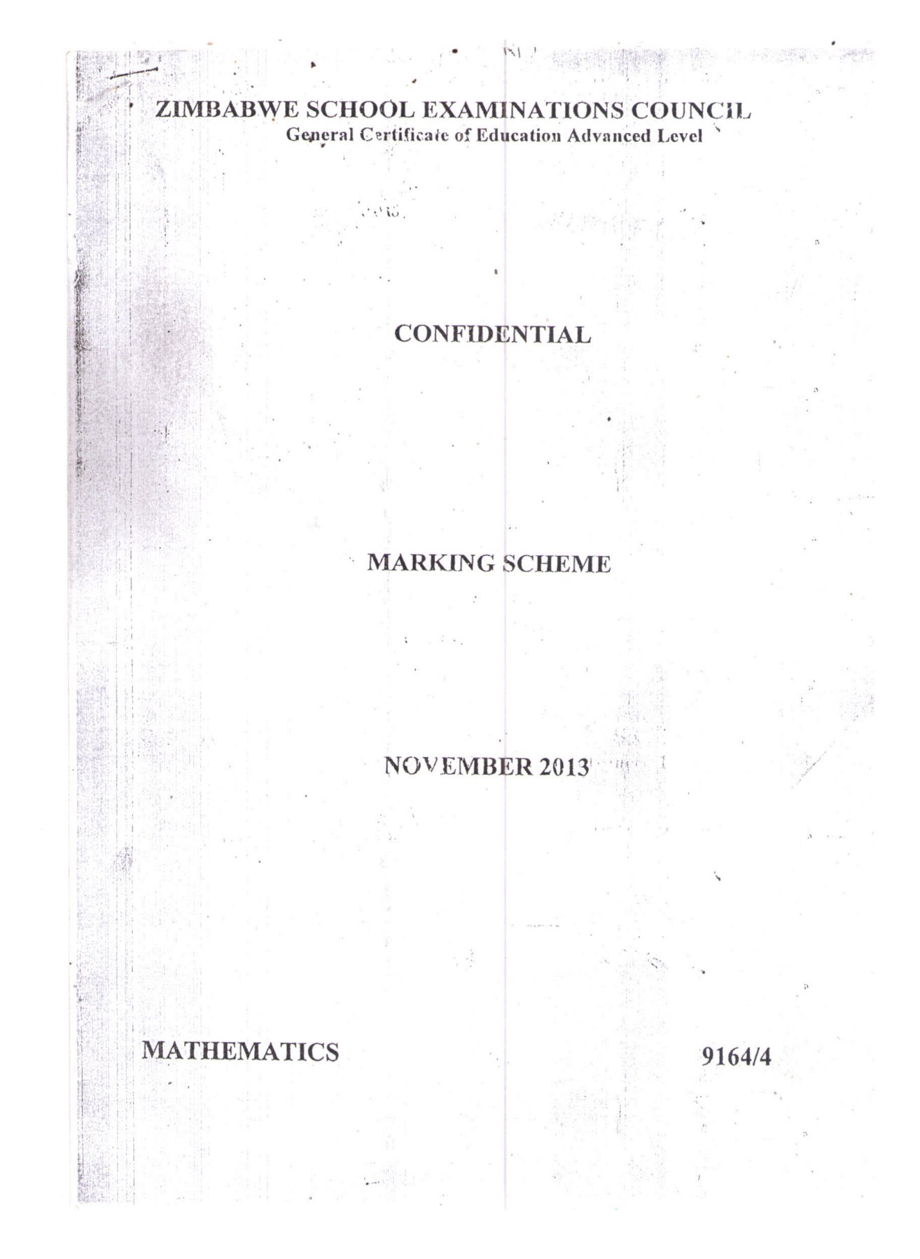 First page of ZIMSEC A-Level Mathematics Paper 4 November 2013 Marking Scheme