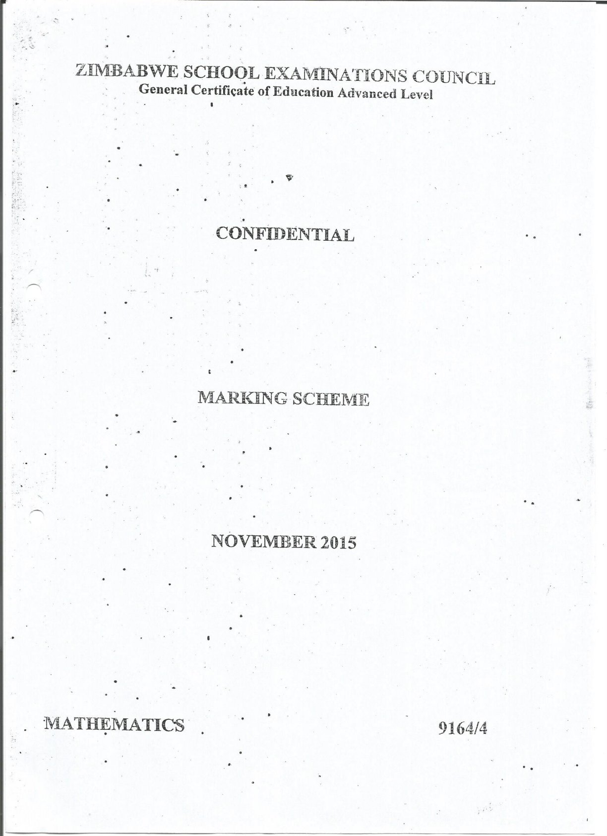 First page of ZIMSEC A-Level Mathematics Paper 4 November 2015 Marking Scheme