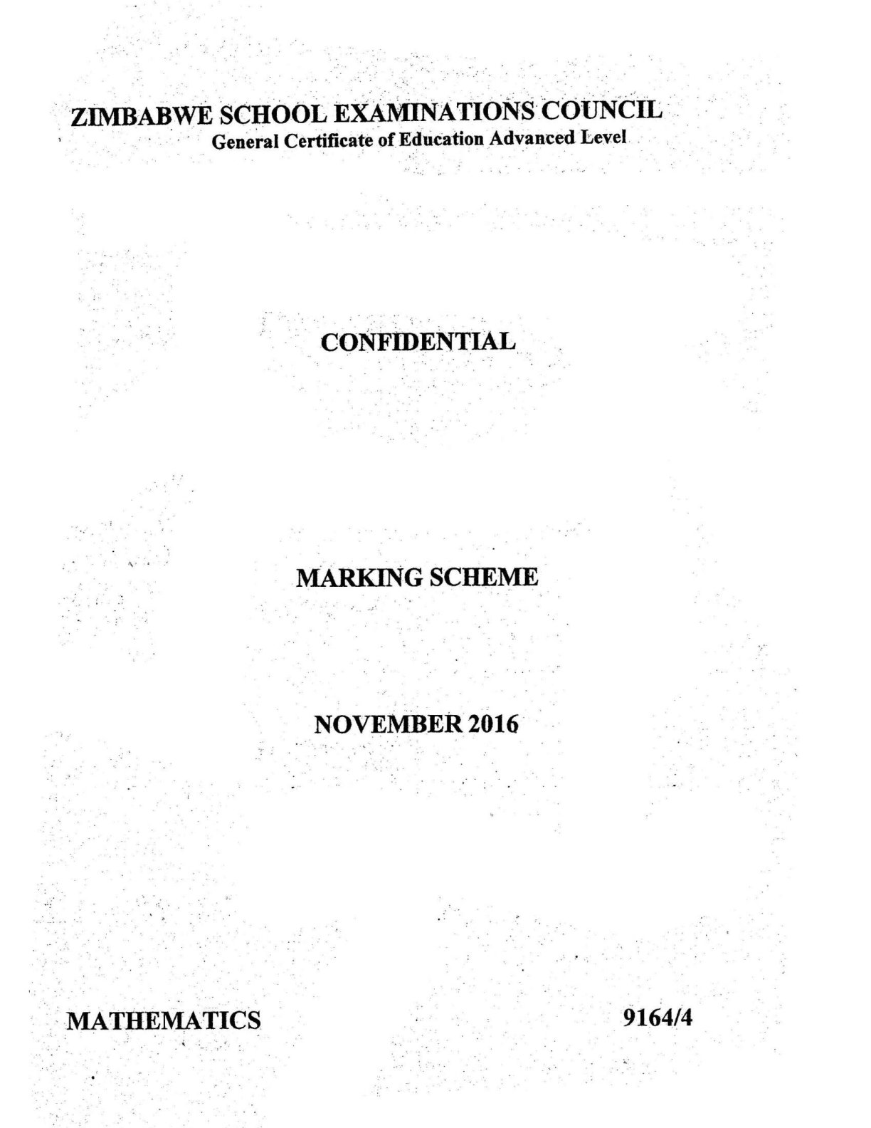 First page of ZIMSEC A-Level Mathematics Paper 4 November 2016 Marking Scheme