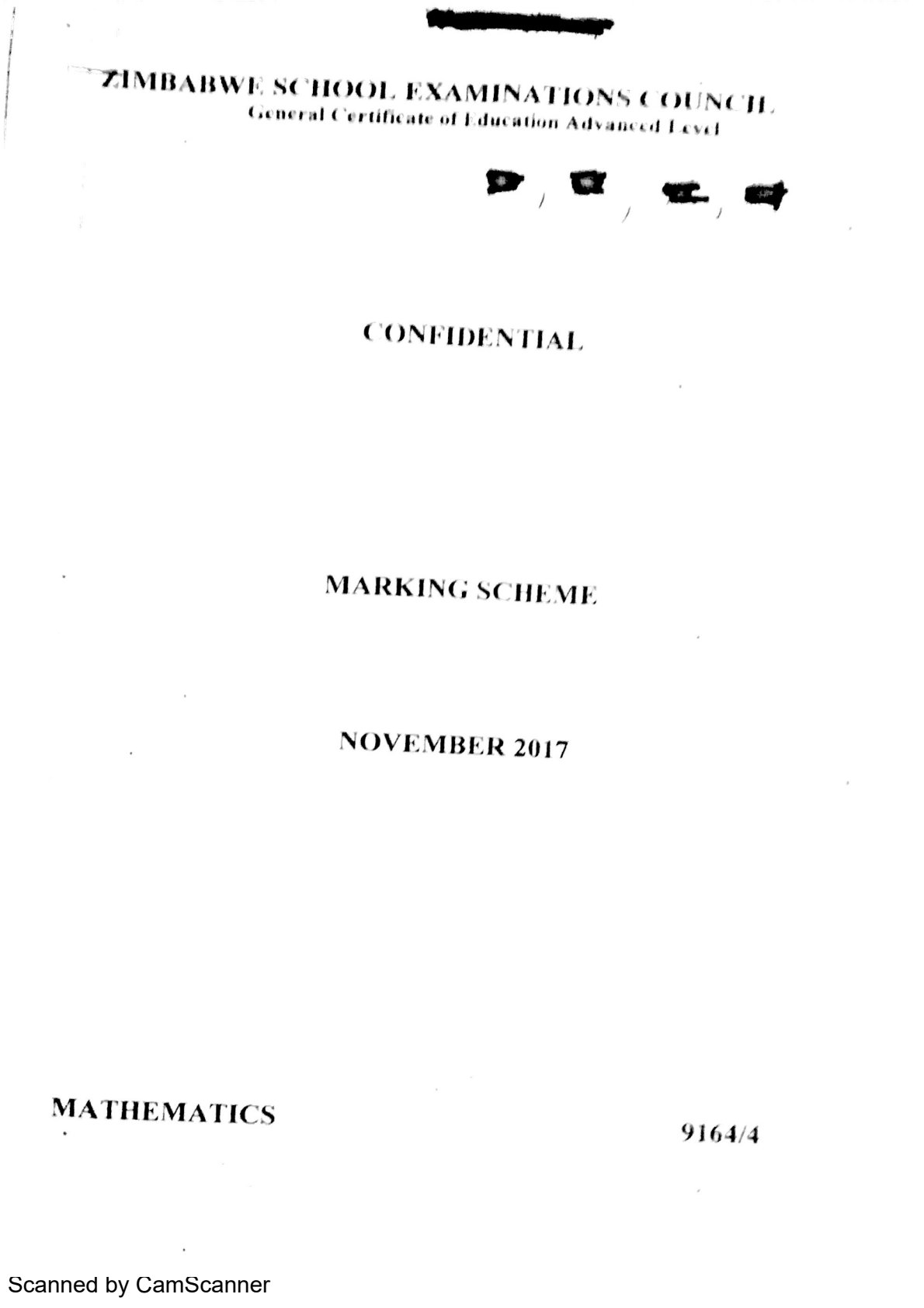First page of ZIMSEC A-Level Mathematics Paper 4 November 2017 Marking Scheme