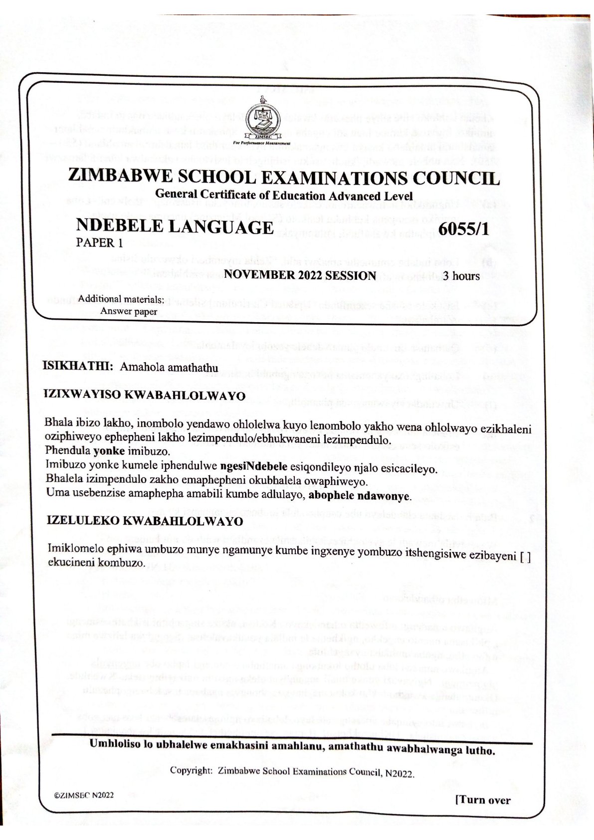First page of ZIMSEC A-Level Ndebele Language Paper 1 November 2022 Question Paper