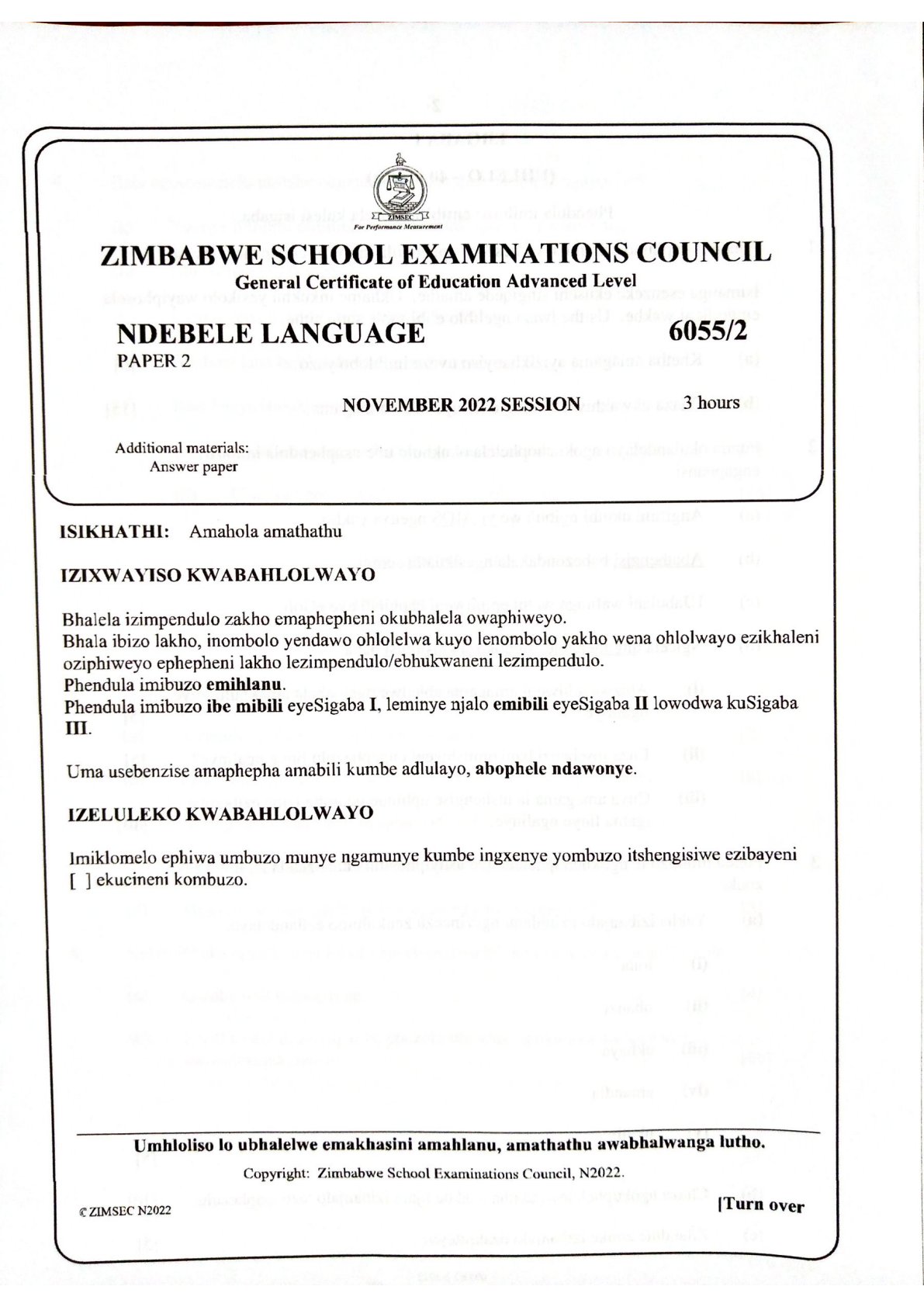 First page of ZIMSEC A-Level Ndebele Paper 2 November 2022 Question Paper