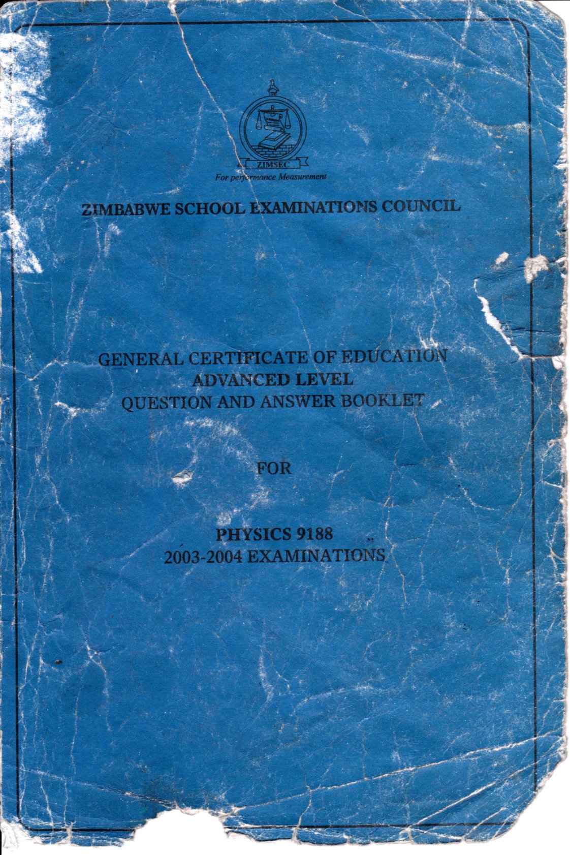 First page of ZIMSEC A-Level Physics Blue Book 2003-2004 Study Guide
