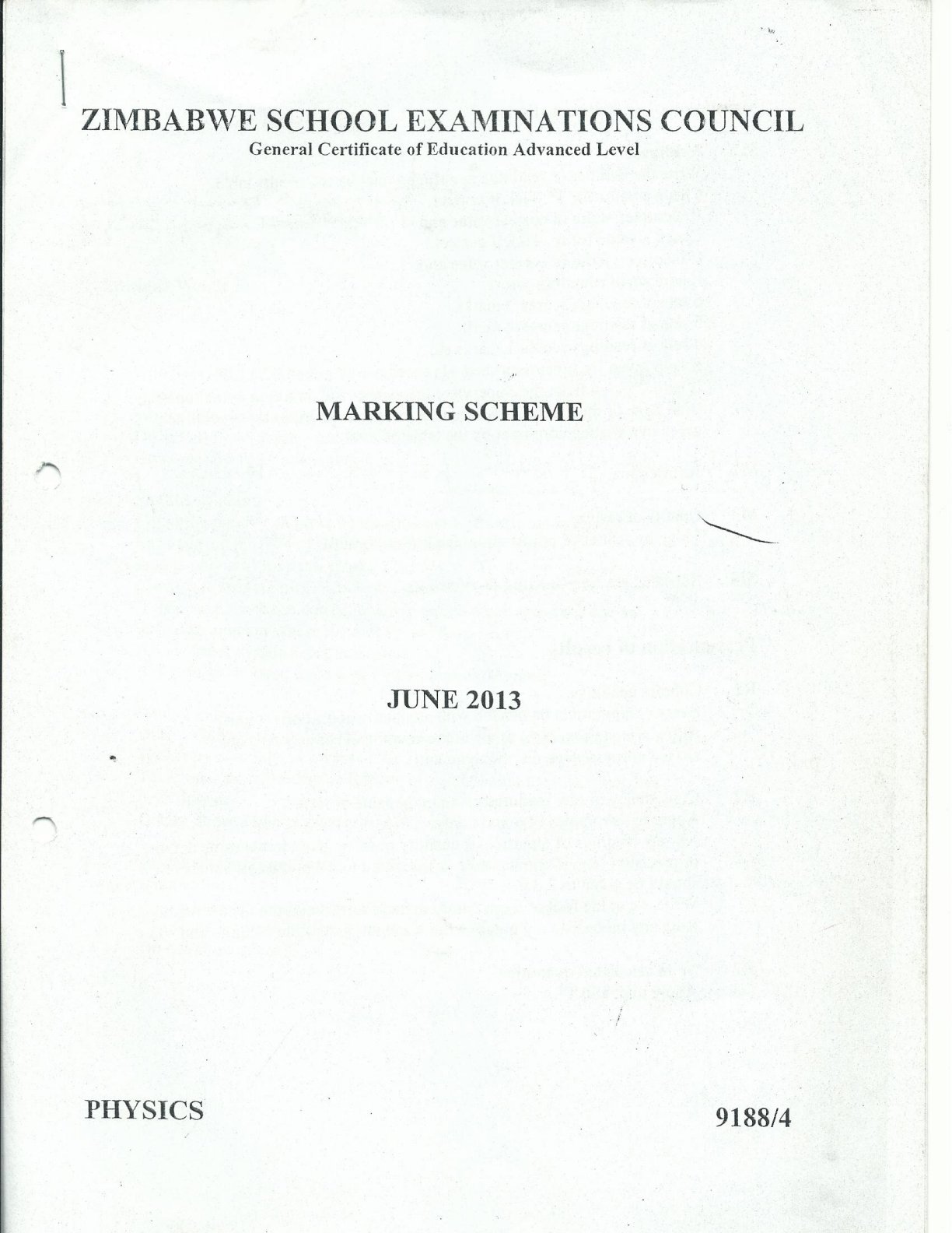 First page of ZIMSEC A-Level Physics June 2013 Marking Scheme