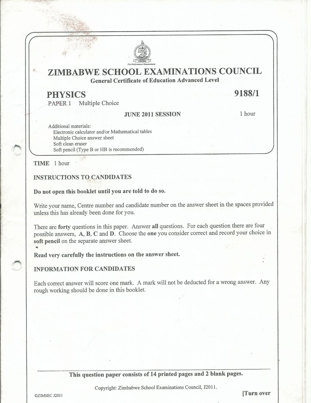 First page of ZIMSEC A-Level Physics Paper 1 June 2011 Question Paper