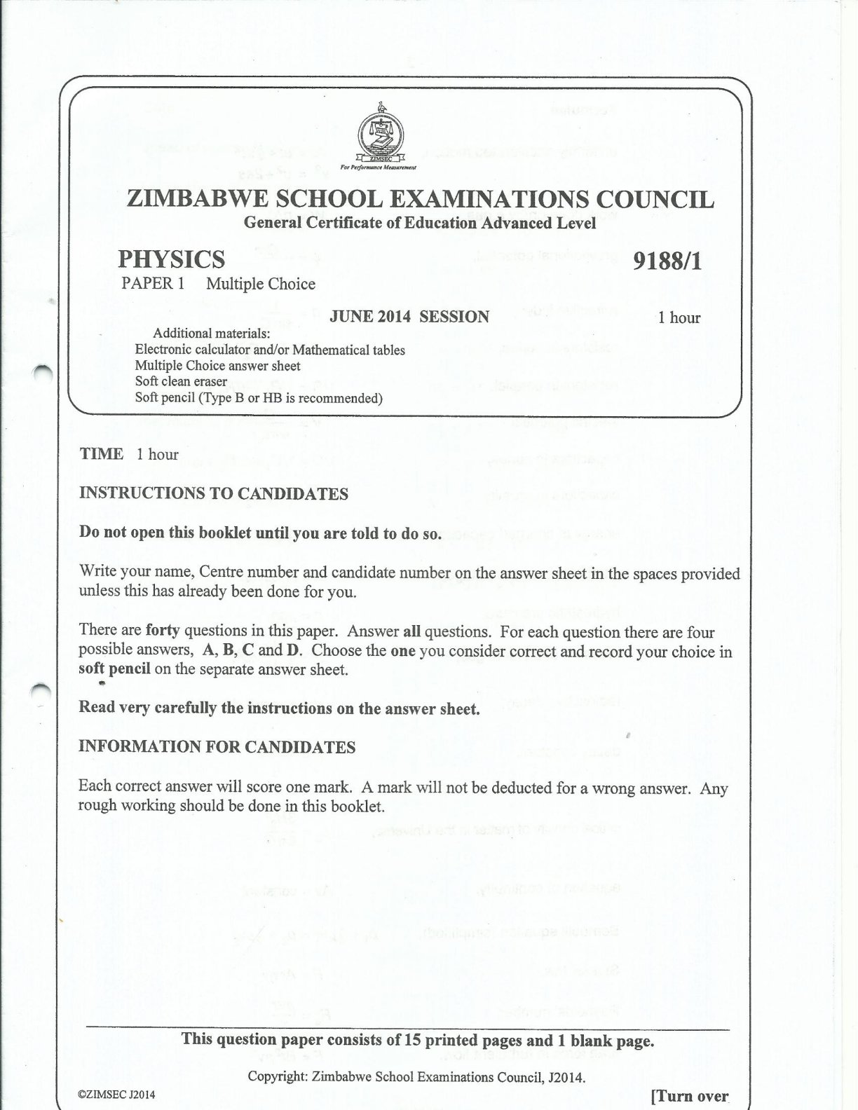 First page of ZIMSEC A-Level Physics Paper 1 June 2014 Question Paper