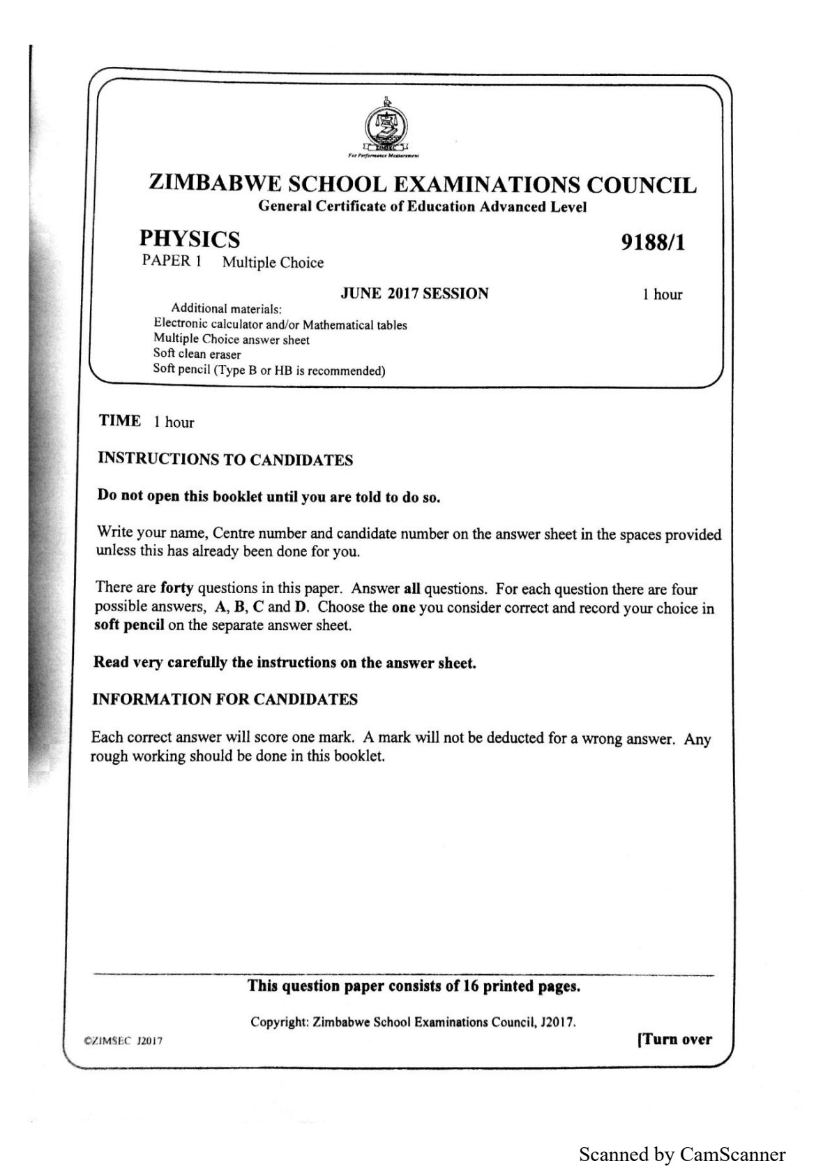 First page of ZIMSEC A-Level Physics Paper 1 June 2017 Question Paper
