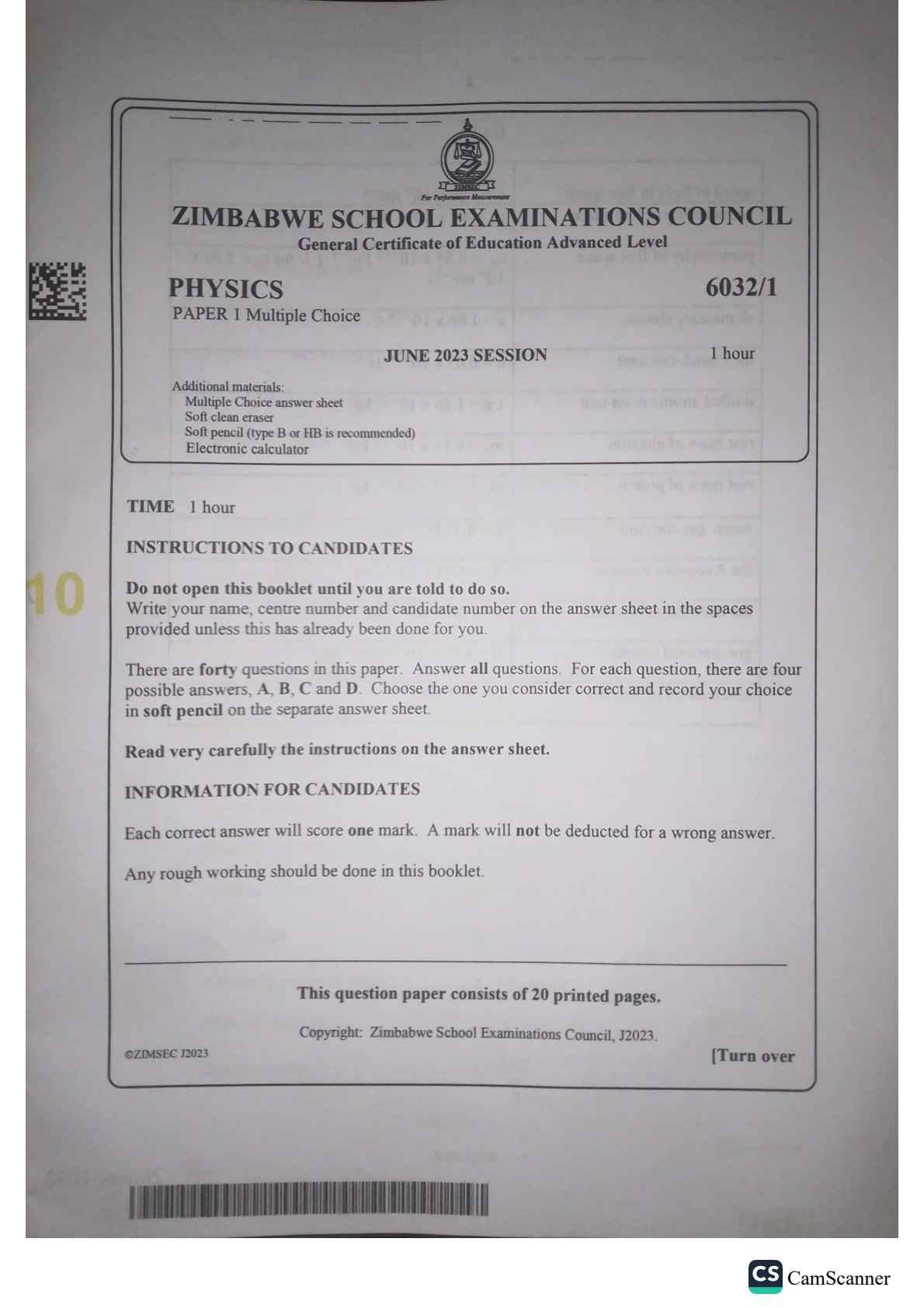First page of ZIMSEC A-Level Physics Paper 1 June 2023 Question Paper
