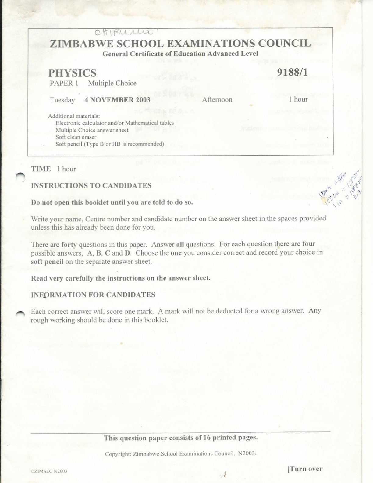 First page of ZIMSEC A-Level Physics Paper 1 November 2003 Question Paper