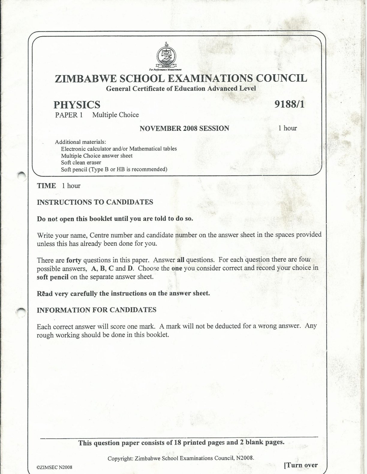 First page of ZIMSEC A-Level Physics Paper 1 November 2008 Question Paper