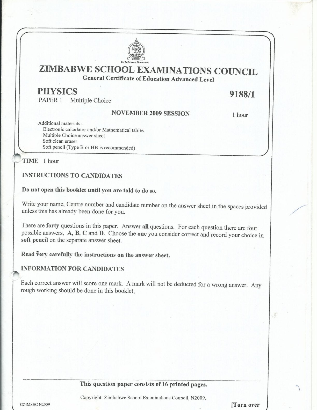 First page of ZIMSEC A-Level Physics Paper 1 November 2009 Question Paper