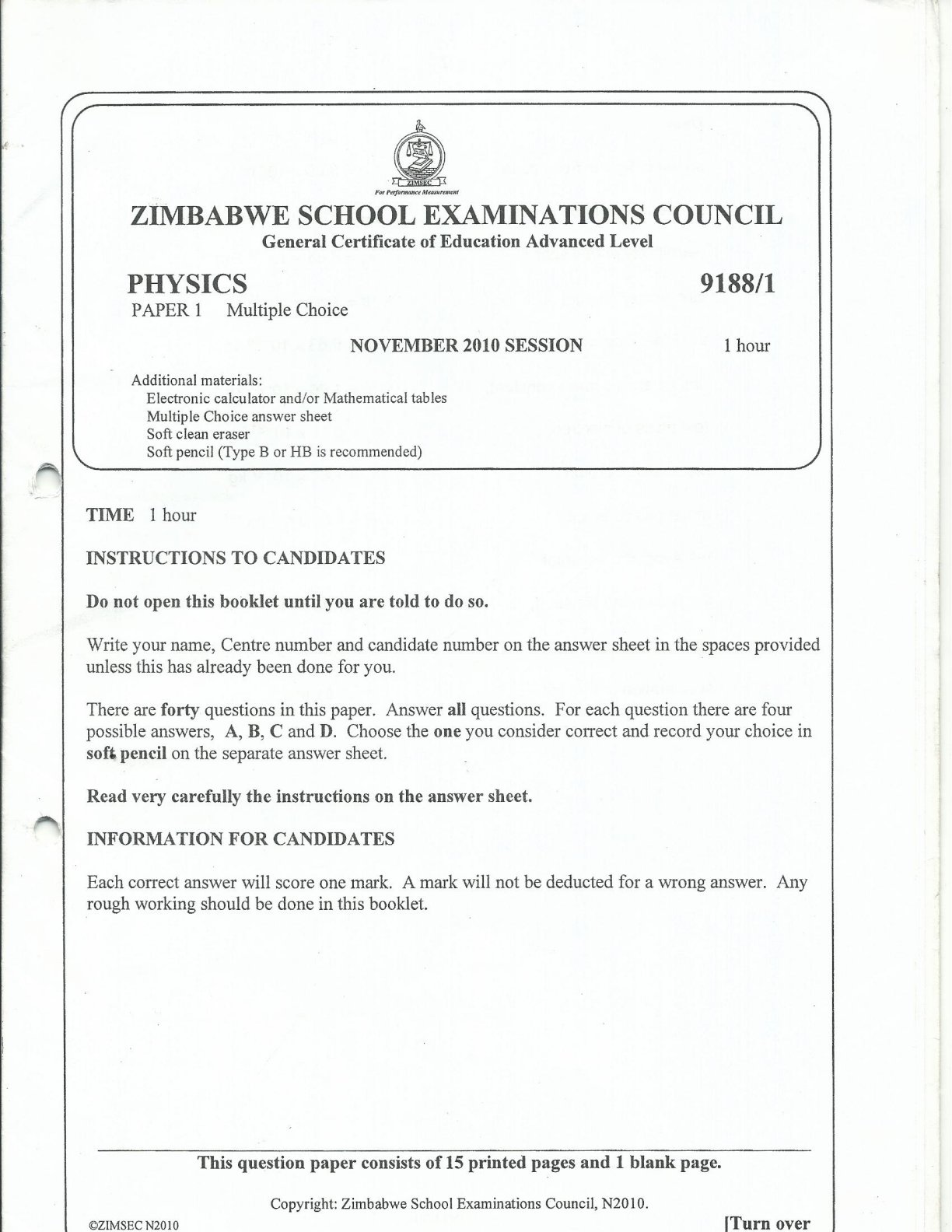 First page of ZIMSEC A-Level Physics Paper 1 November 2010 Question Paper