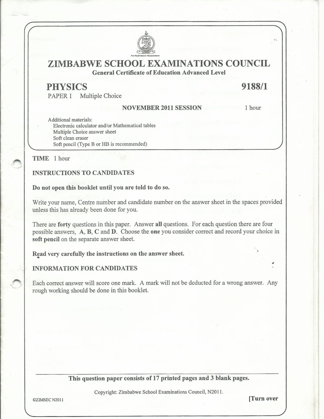 First page of ZIMSEC A-Level Physics Paper 1 November 2011 Question Paper
