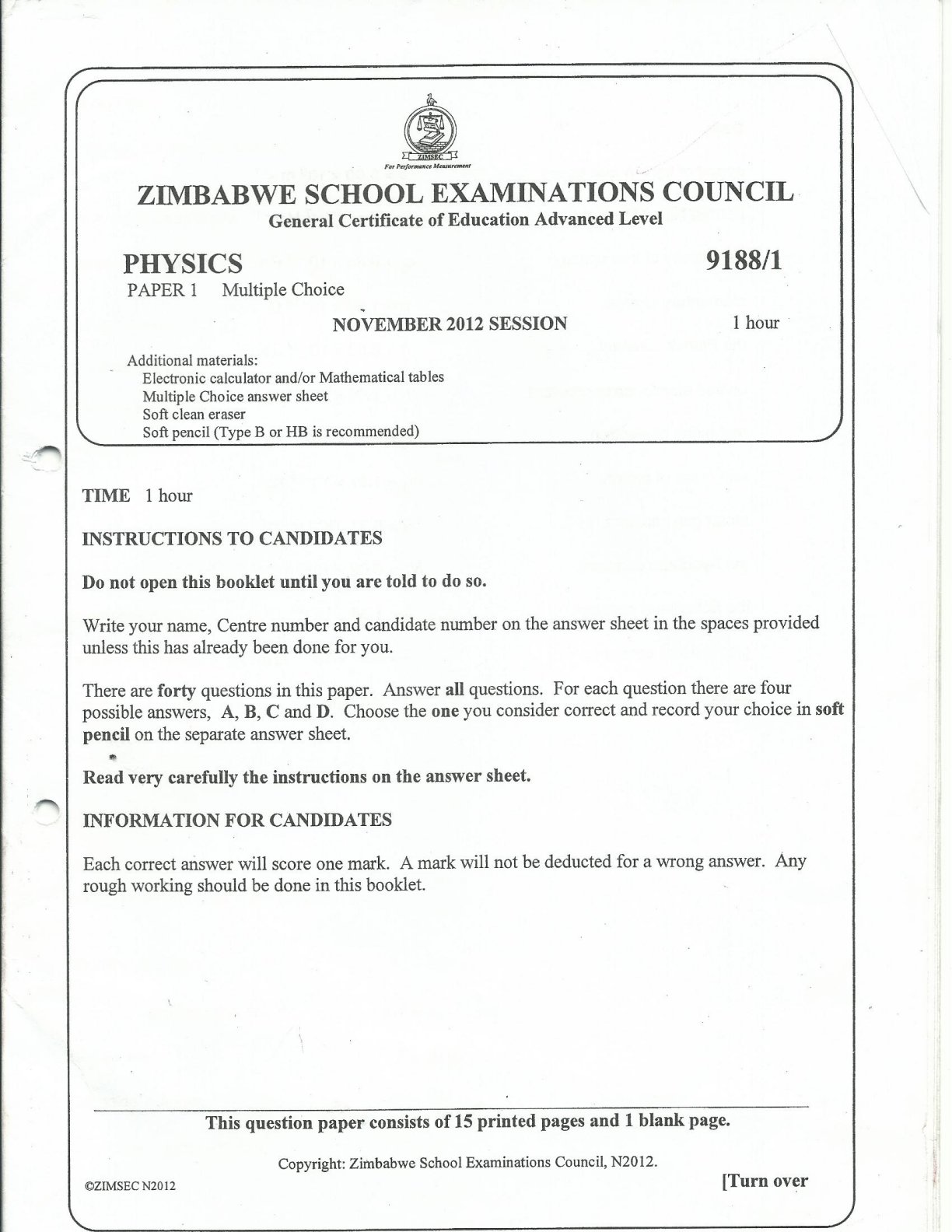 First page of ZIMSEC A-Level Physics Paper 1 November 2012 Question Paper