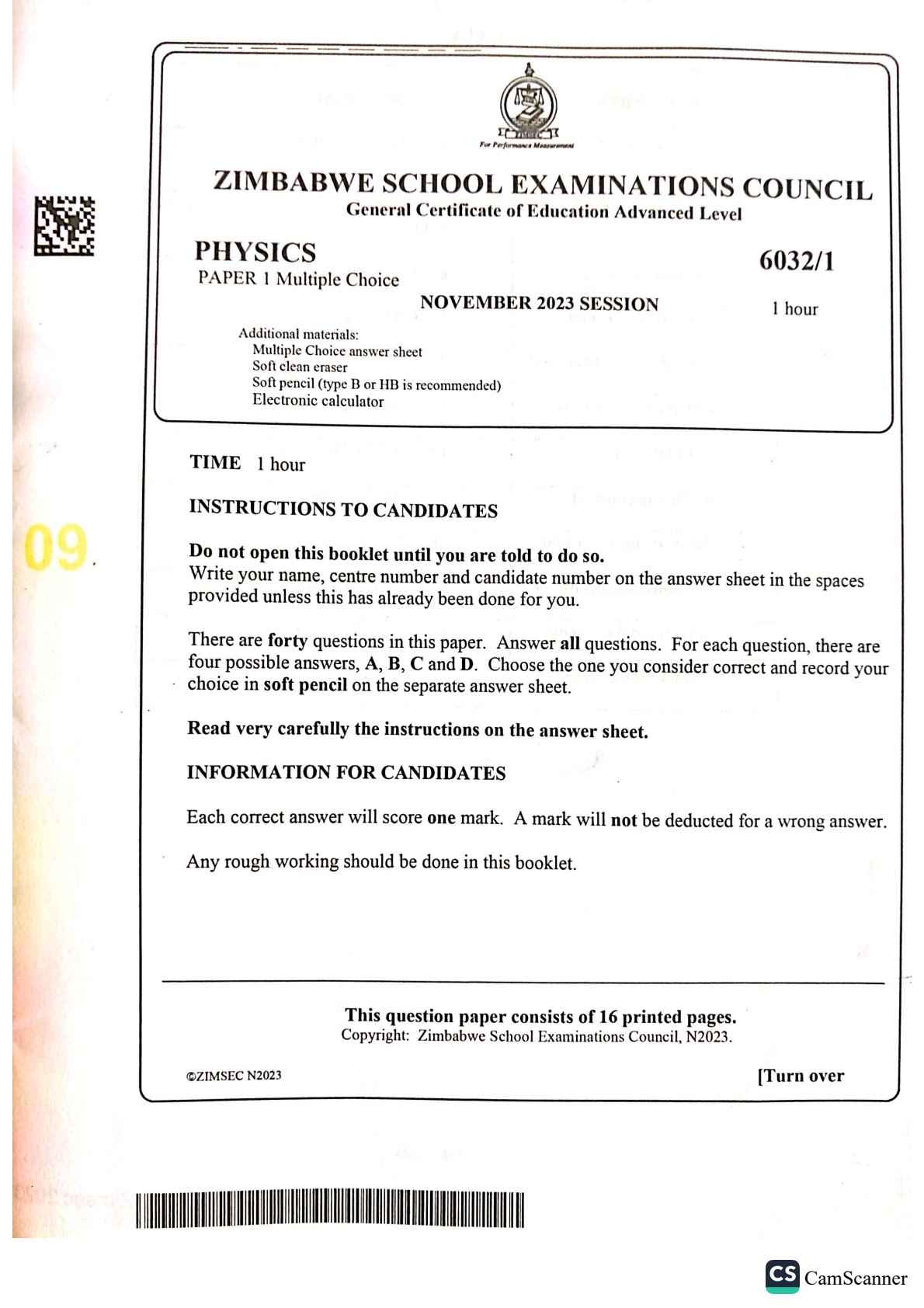 First page of ZIMSEC A-Level Physics Paper 1 November 2023 Question Paper
