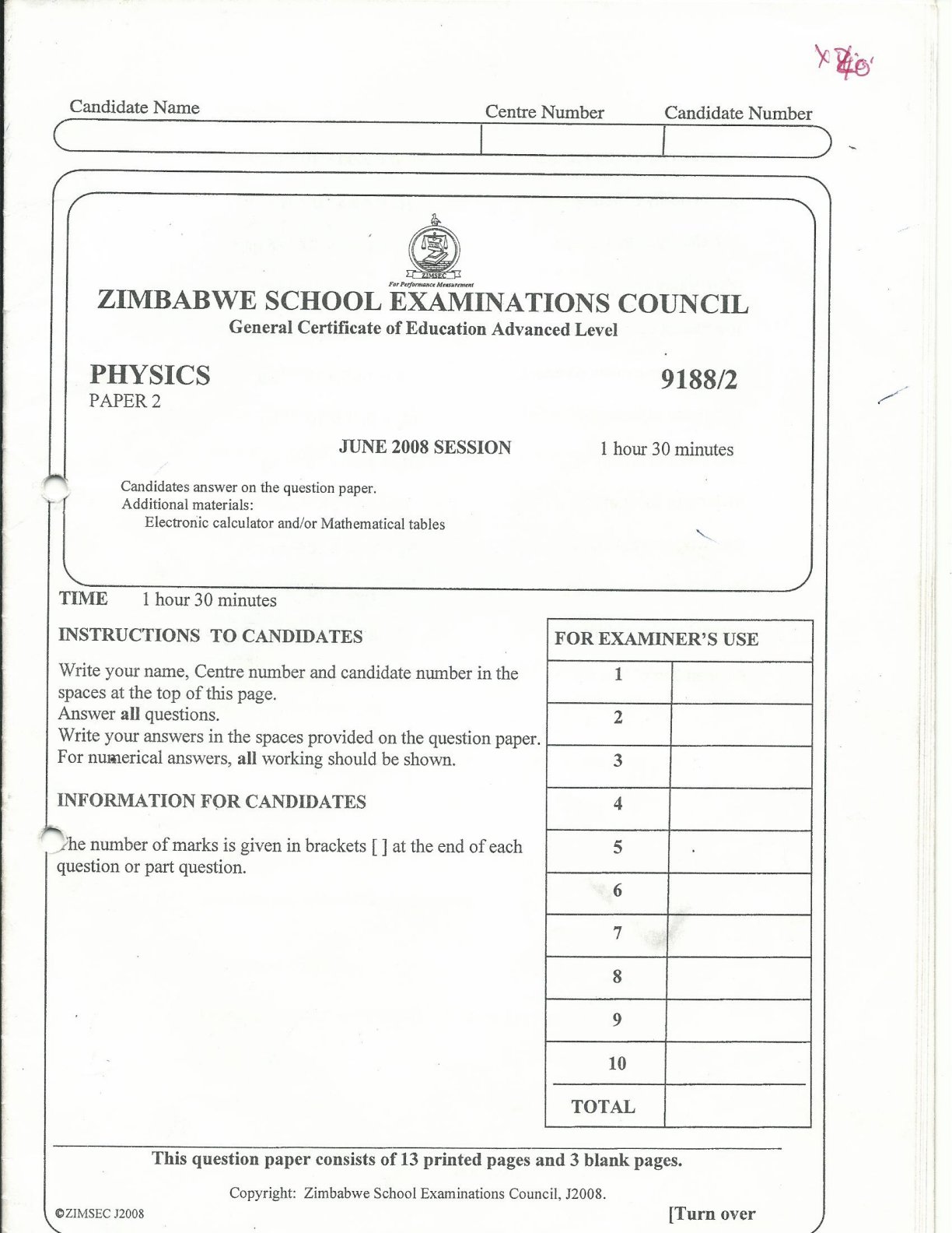 First page of ZIMSEC A-Level Physics Paper 2 June 2008 Question Paper