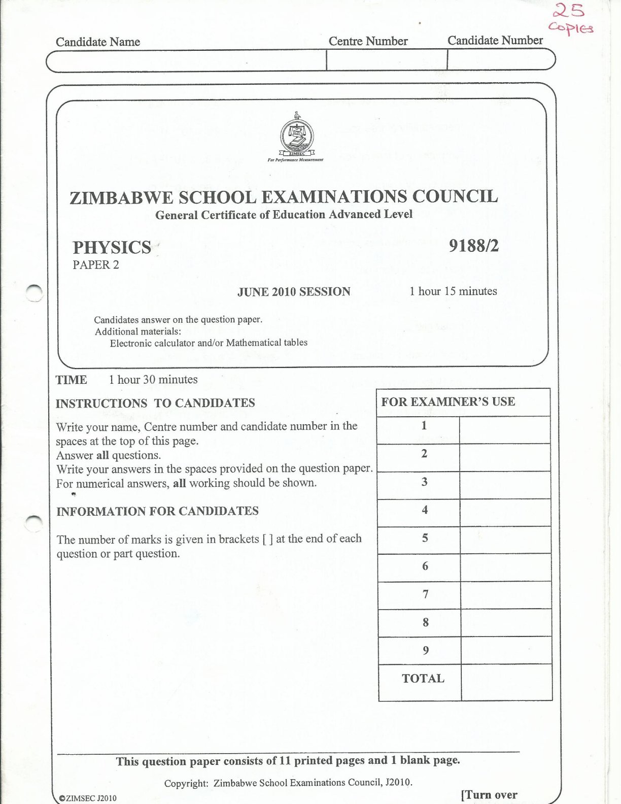 First page of ZIMSEC A-Level Physics Paper 2 June 2010 Question Paper