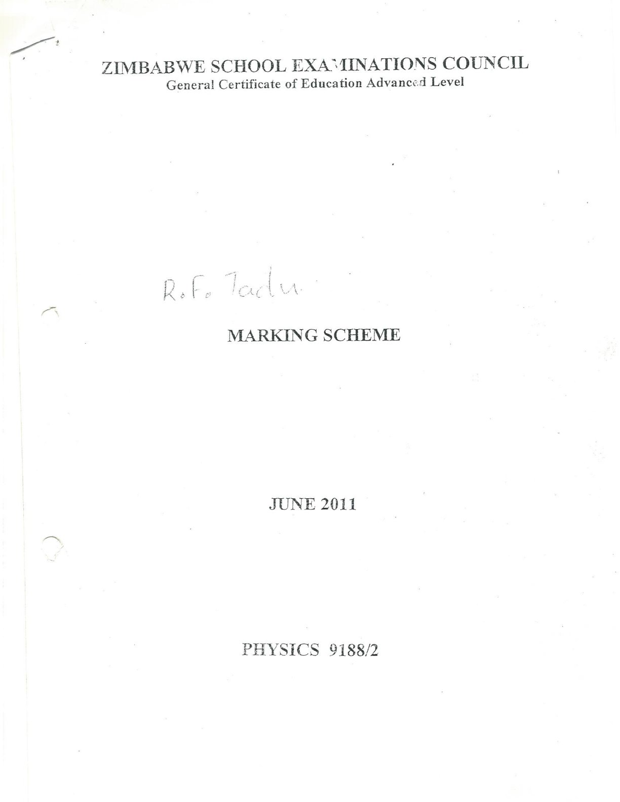 First page of ZIMSEC A-Level Physics Paper 2 June 2011 Marking Scheme