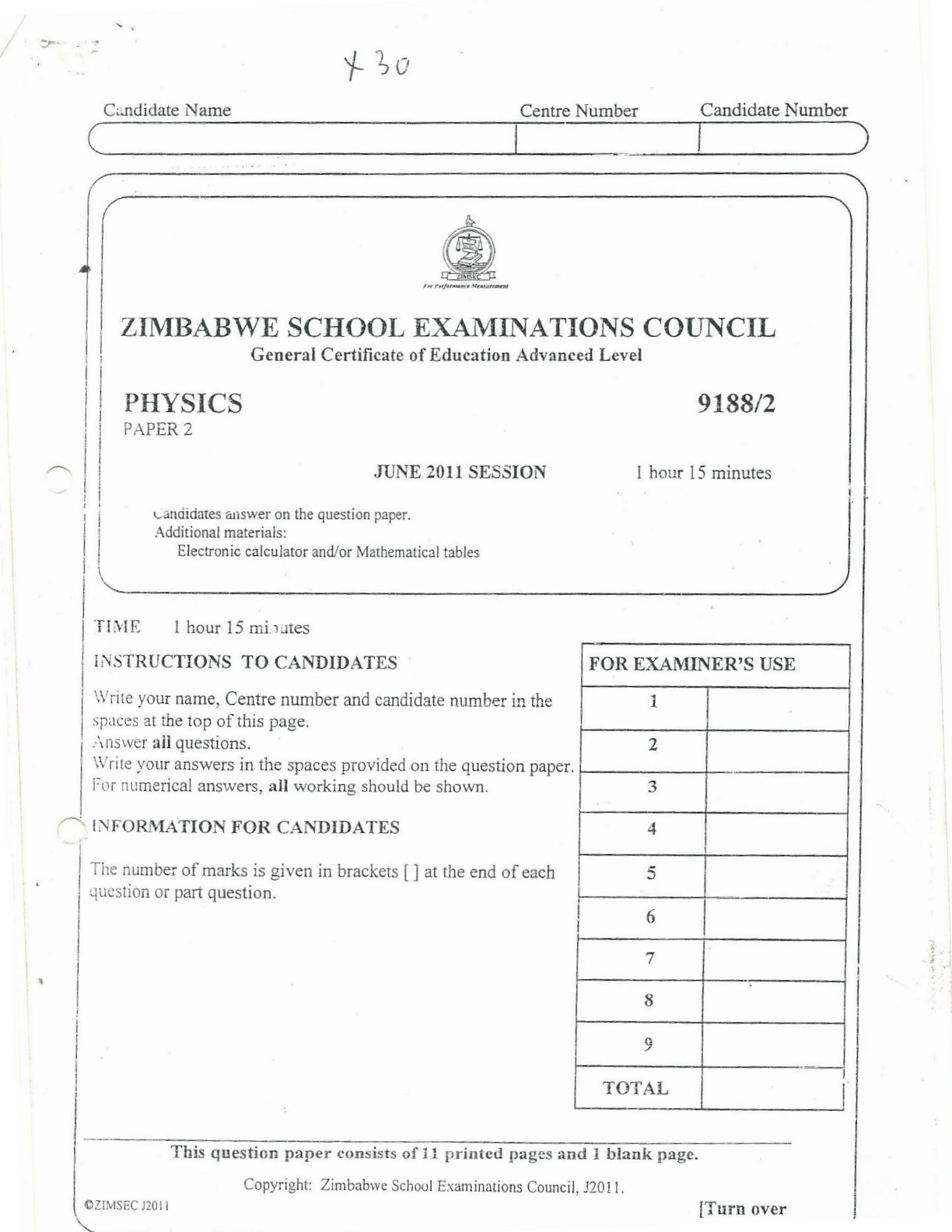 First page of ZIMSEC A-Level Physics Paper 2 June 2011 Question Paper