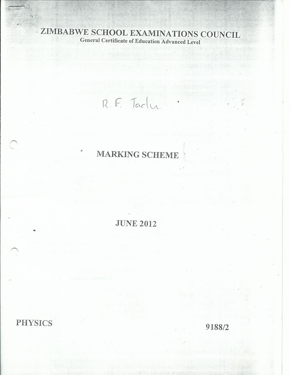 First page of ZIMSEC A-Level Physics Paper 2 June 2012 Marking Scheme
